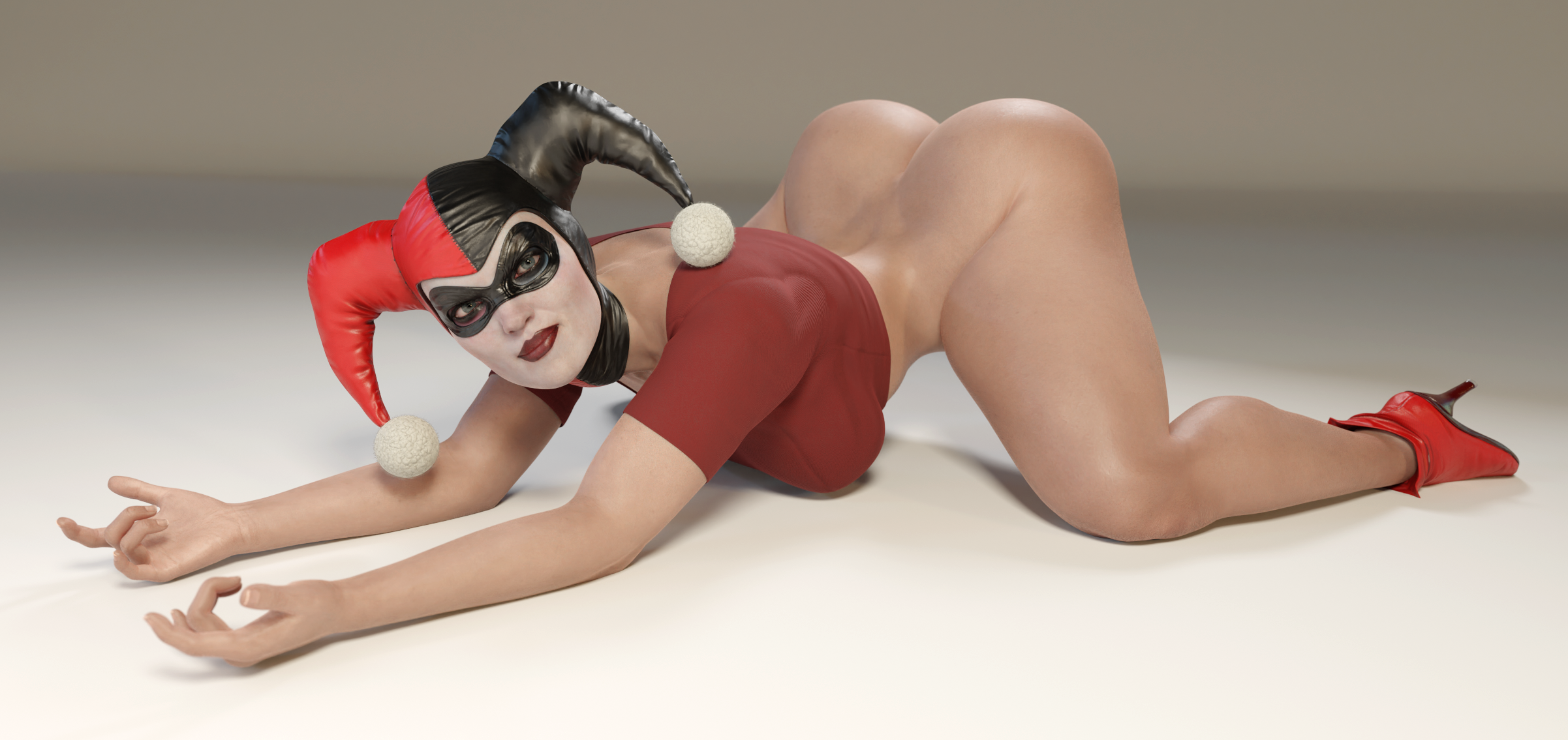 1girls, 3d, 3d (artwork), ass, ass up, batman (series), big ass, blender (software), bottomless, bubble ass, bubble butt, dc, dc comics, face down ass up, female, female only, harley quinn, harley quinn (classic), harley quinn (injustice), injustice 2, large ass, lipstick, looking at viewer, makeup, simple background, smitty34, solo, solo female, tagme