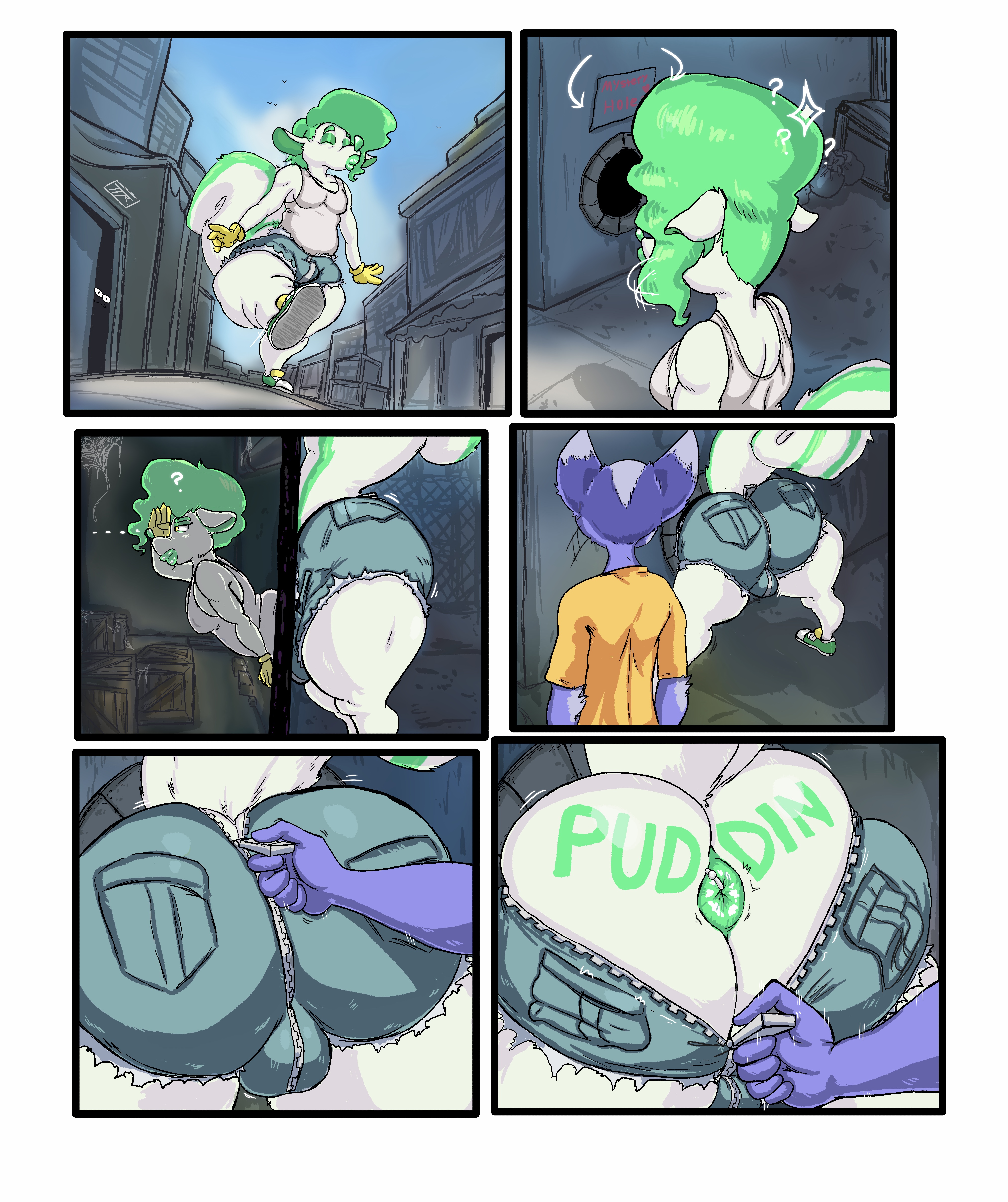 anal piercing, anus, ass, ass cleavage, ass crack, big ass, big butt, big lips, big tail, body writing, booty shorts, butt crack, city, comic, comic page, comic panel, daytime, digital media (artwork), donut anus, fat ass, fat butt, femboy, gay, glory wall, green hair, hi res, highres, hole in wall, kojoarts, light green hair, male, naughtypaw (artist), puddin toon skunk, skunk, skunk tail, stuck, stuck in wall, tattoo on butt, thick, thick ass, thick thighs, through wall, ttherandom, tthrandom, tthrandom rp, writing on ass, writing on body, zipper, zipper down, zipper pull tab