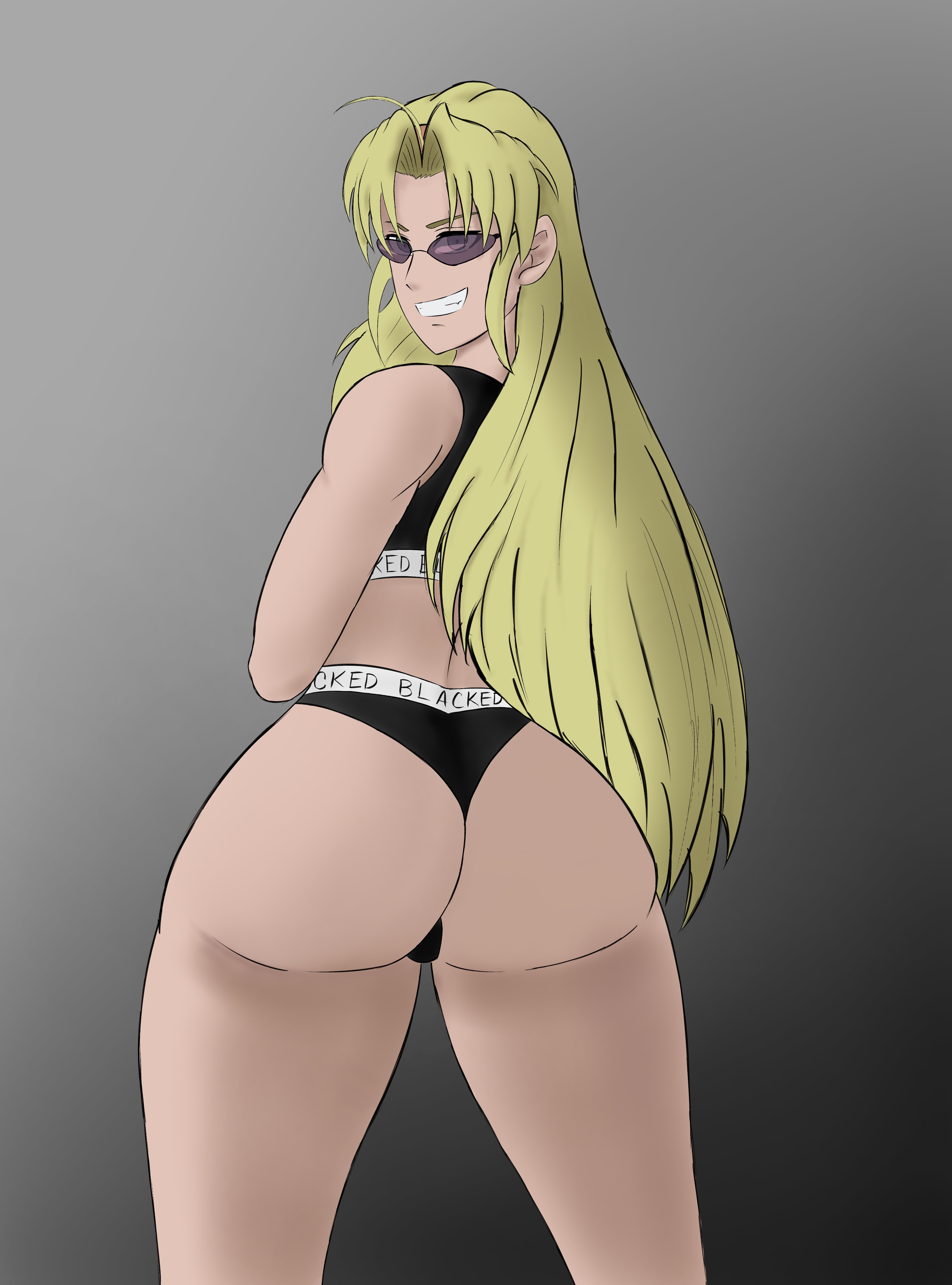 1girls, 2d, 2d (artwork), absurd res, ass, big ass, big butt, black lagoon, blacked, blacked clothing, blonde, blonde female, blonde hair, blonde-haired female, blue eyes, bottom heavy, bra, bubble butt, color, colored, dated, eda, eyewear, fat ass, female, female only, hairband, happy, hi res, human, human only, light skin, light-skinned female, long hair, looking at viewer, looking back, looking back at viewer, panties, plain background, round ears, ryogaslewds, smile, smiling at viewer, solo, standing, sunglasses, teeth, thin waist, tinted eyewear, uncensored, underwear, wide hips, yellow hair