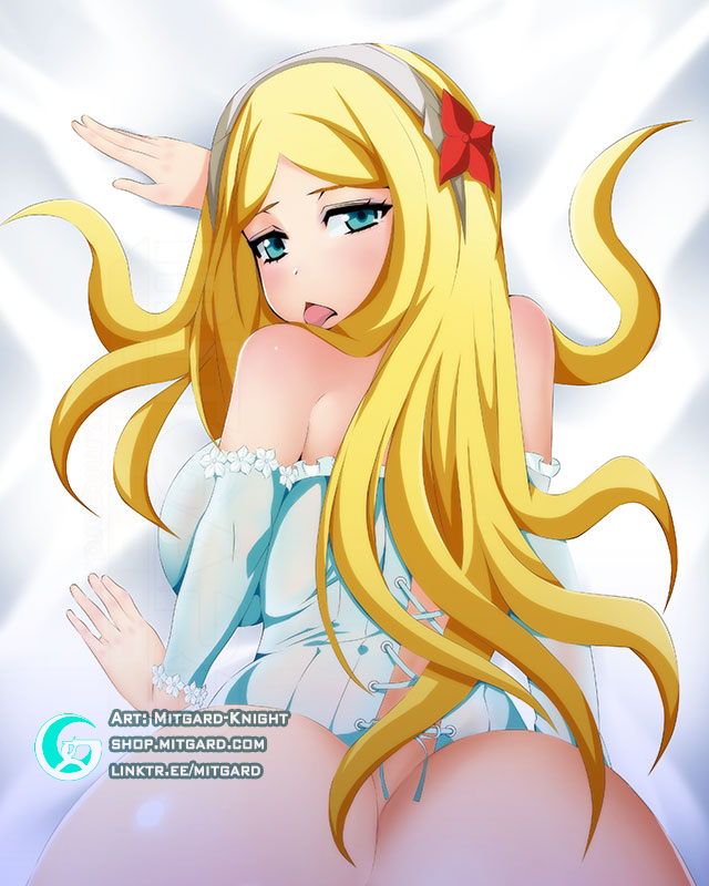 1girls ass blonde_female blonde_hair bodypillow dakimakura fanart female female_only looking_at_viewer looking_back mitgard-knight overlord_(maruyama) princess renner_theiere_chardelon_ryle_vaiself solo