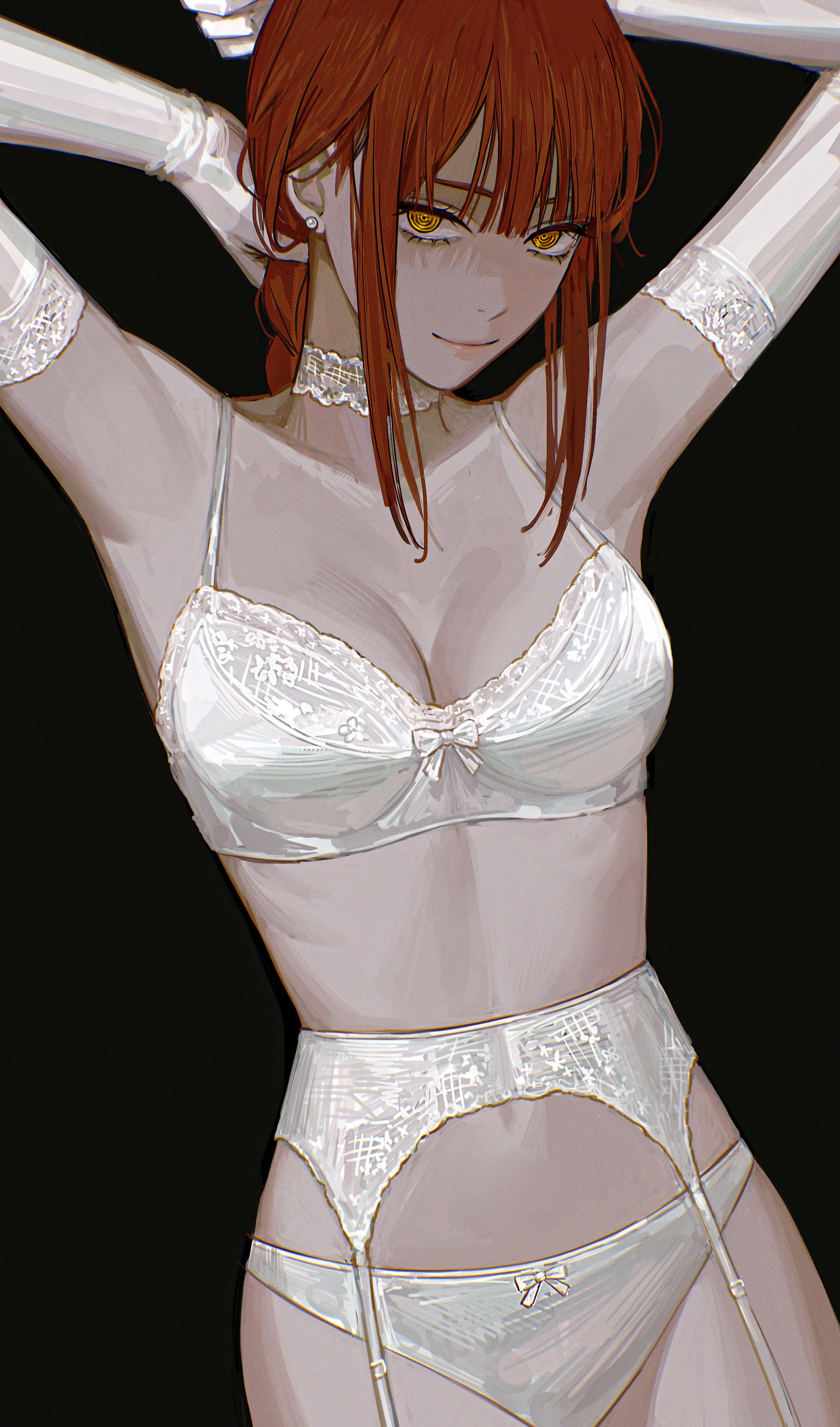 1girls, armpits, arms up, braid, braided ponytail, breasts, chainsaw man, choker, cleavage, earrings, elbow gloves, female, garter belt, garter straps, gloves, jewelry, lace, lace-trimmed bra, light skin, light-skinned female, lingerie, looking at viewer, low ponytail, makima (chainsaw man), medium breasts, midriff, pale skin, pale-skinned female, panties, ponytail, solo, solraka, underwear, white bra, white panties, yellow eyes