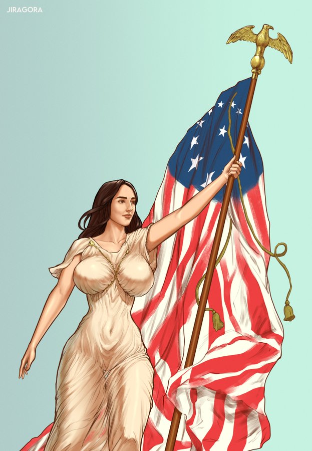 1girls abigail_shapiro american american_flag big_breasts brown_eyes brown_hair female female_only flag huge_breasts jewish jiragora national_personification see-through_clothing solo usa