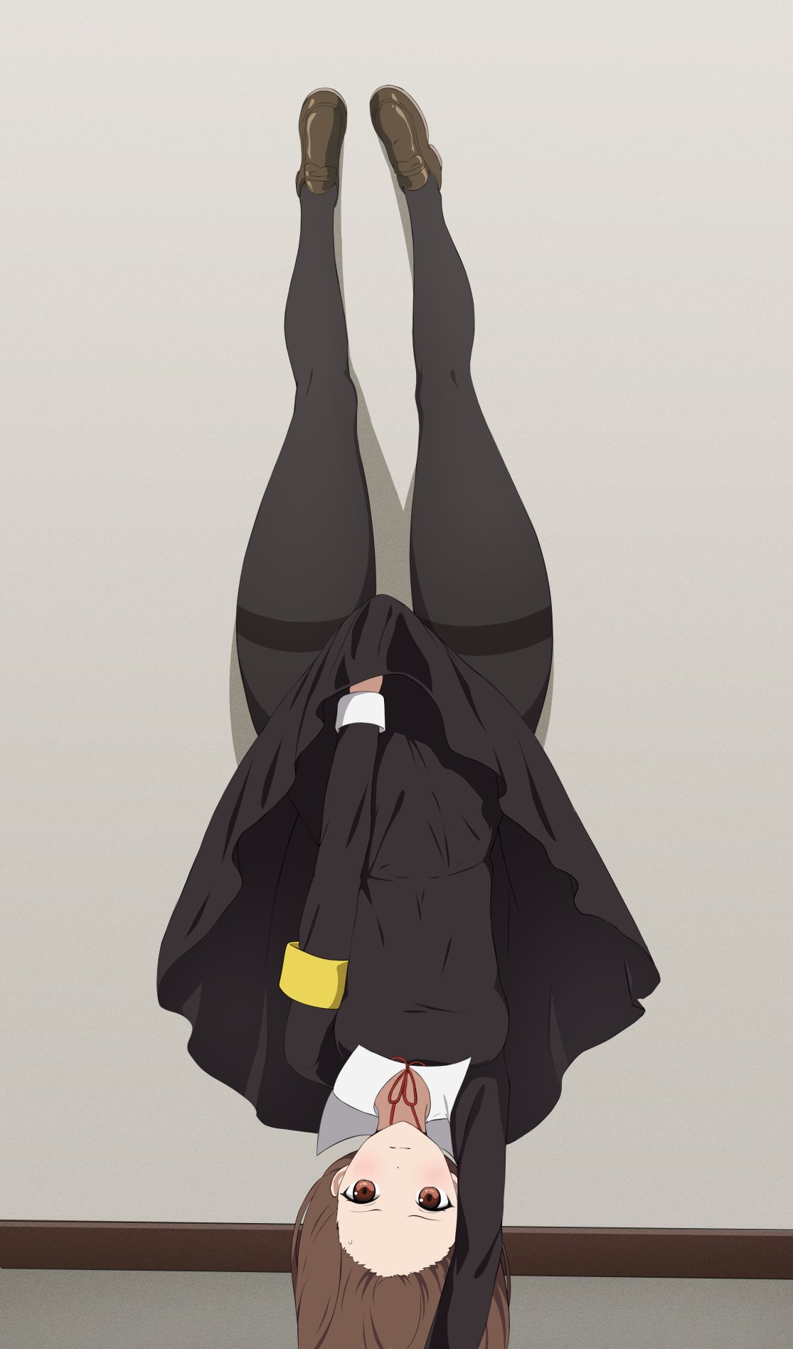 1girls blush brown_eyes brown_hair coro_fae covering covering_crotch dress fully_clothed handstand hips iino_miko kaguya-sama_wa_kokurasetai_~tensai-tachi_no_renai_zunousen~ lycoris_challenge meme pantyhose school_uniform shoes solo thick_thighs thighs upside-down wide_hips