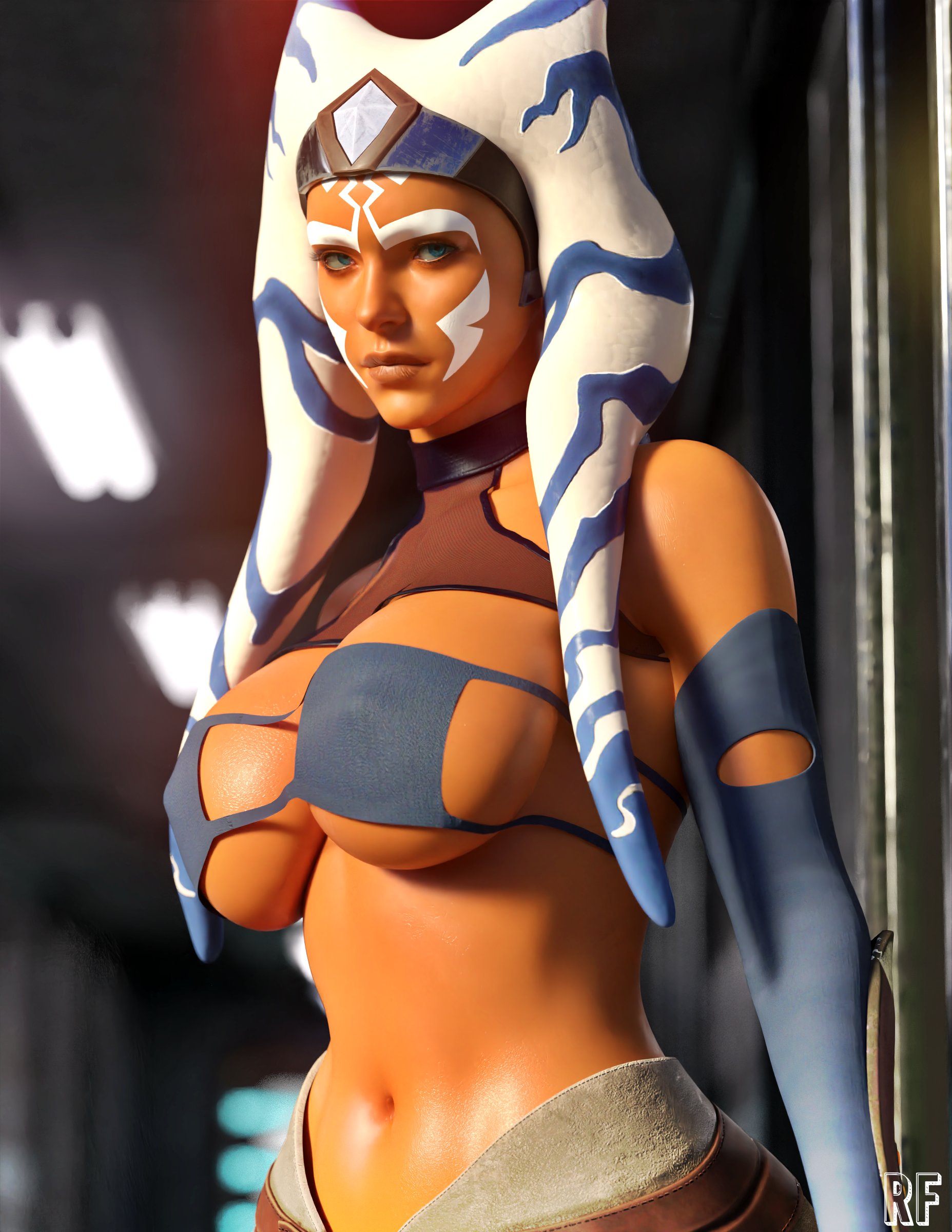 1girls, 3d, abs, ahsoka tano, alien, alien girl, armwear, athletic, athletic female, background, bare midriff, big breasts, bikini, blue clothing, blue eyes, blurry, blurry background, breasts, eyes, facial markings, female, female only, headband, headgear, horn, humanoid, large breasts, looking at viewer, markings, navel, open eyes, orange body, rude frog, see-through, see-through clothing, shiny skin, side view, signature, solo, star wars, star wars rebels, tentacle, tentacle hair, togruta, underboob, vambraces