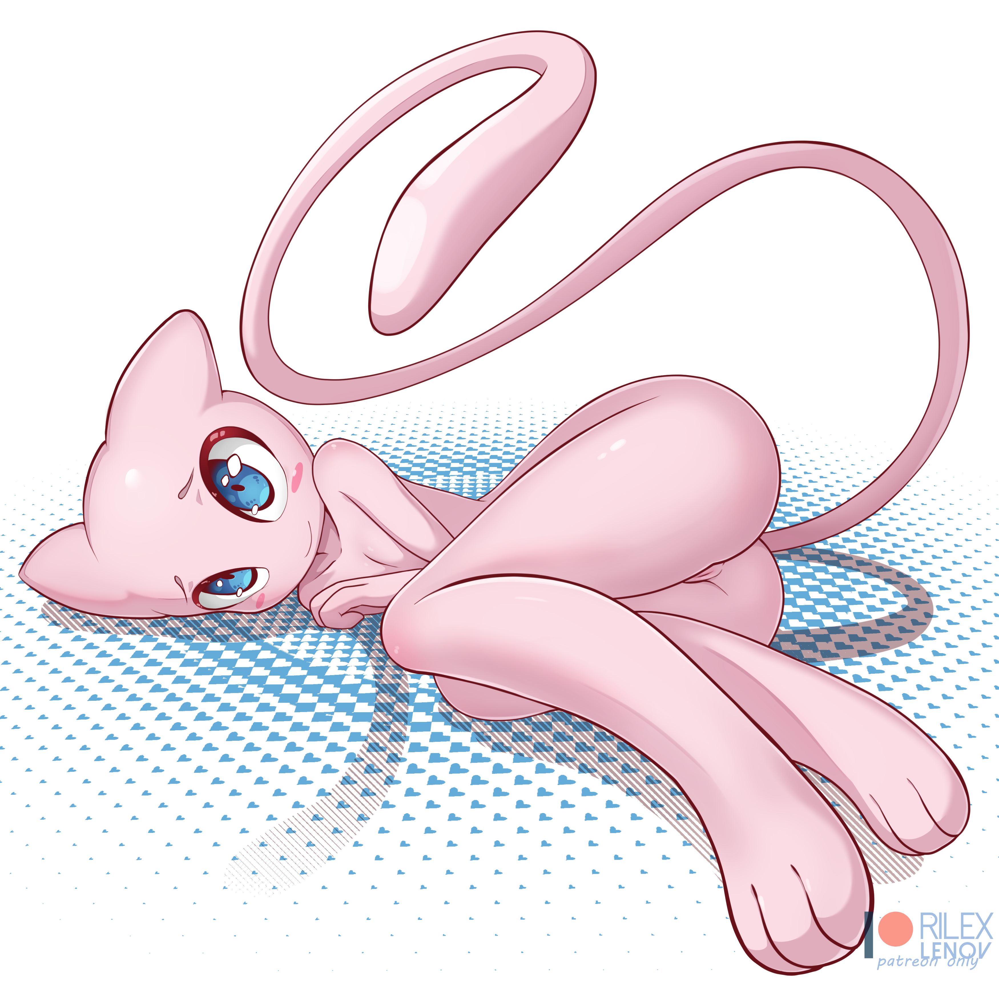 anthro, blue eyes, blush, female, laying down, legendary pokemon, looking at viewer, mew, mew (pokemon), nude, pokémon (species), pokemon, pokemon (species), pussy, rilex lenov, smile, tail