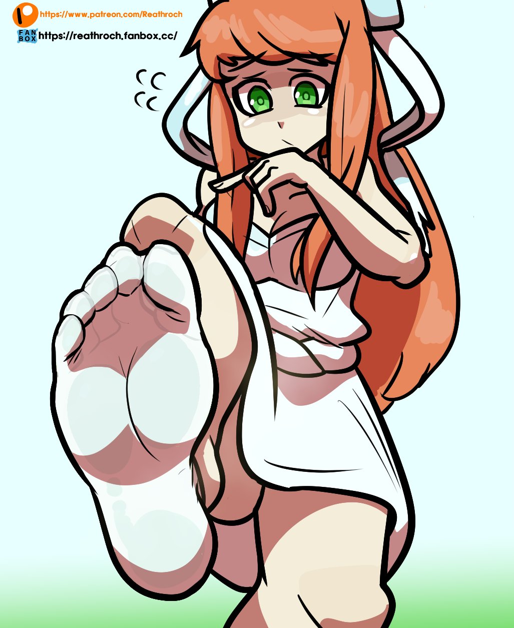 1girls, 2d, 2d (artwork), doki doki literature club, feet, feet up, female, foot fetish, foot focus, hand on mouth, looking down, monika (doki doki literature club), reathroch, socks, thighs, toes, upskirt
