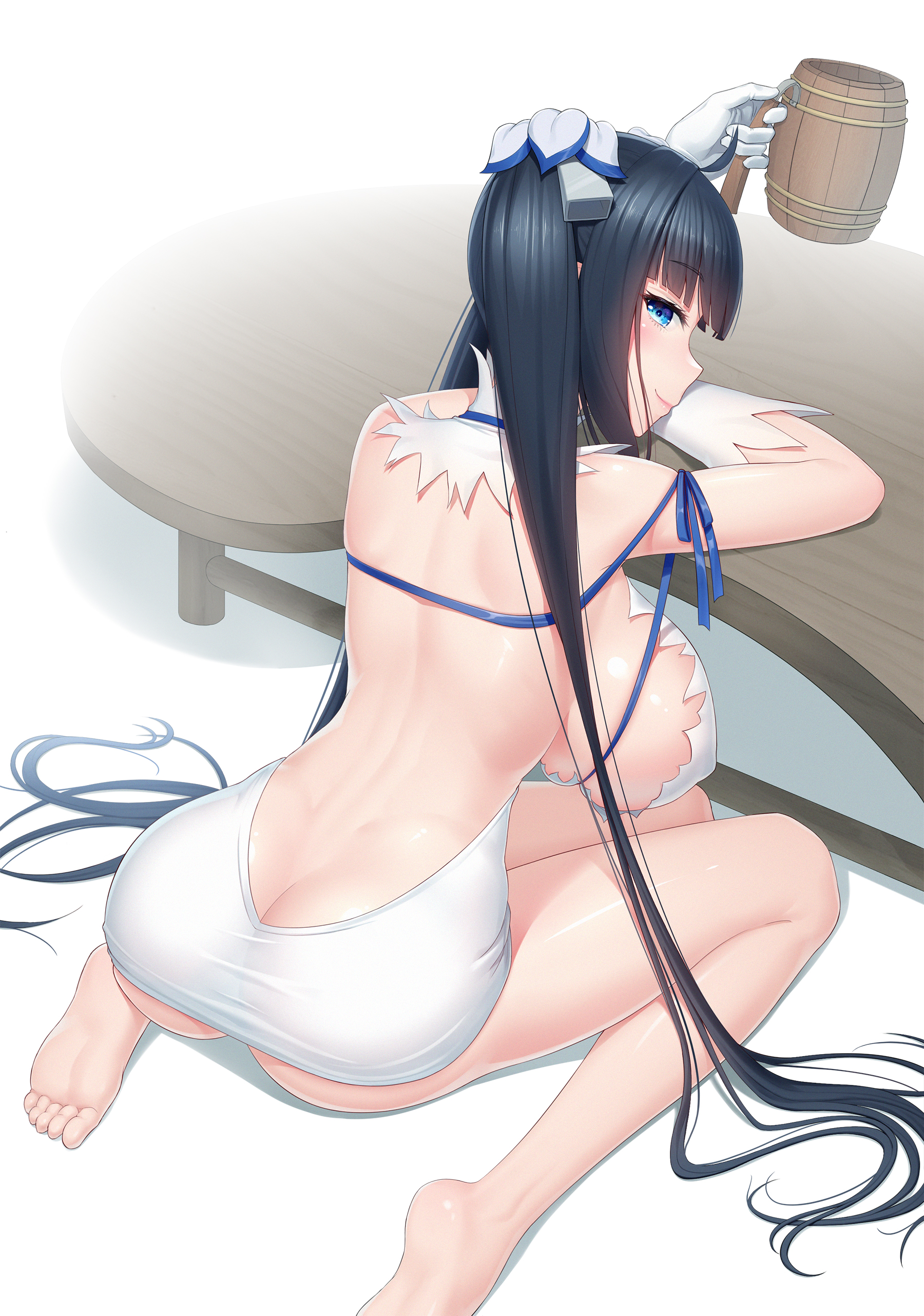 1girls, anarchojs, ass, ass cleavage, ass crack, barefoot, big ass, big breasts, black hair, blue eyes, breasts, butt crack, cup, dogeza, dungeon ni deai wo motomeru no wa machigatteiru darou ka, feet, female, hestia (danmachi), kneeling, looking at viewer, looking back, no bra, sideboob, smile, soles, solo, table, toes