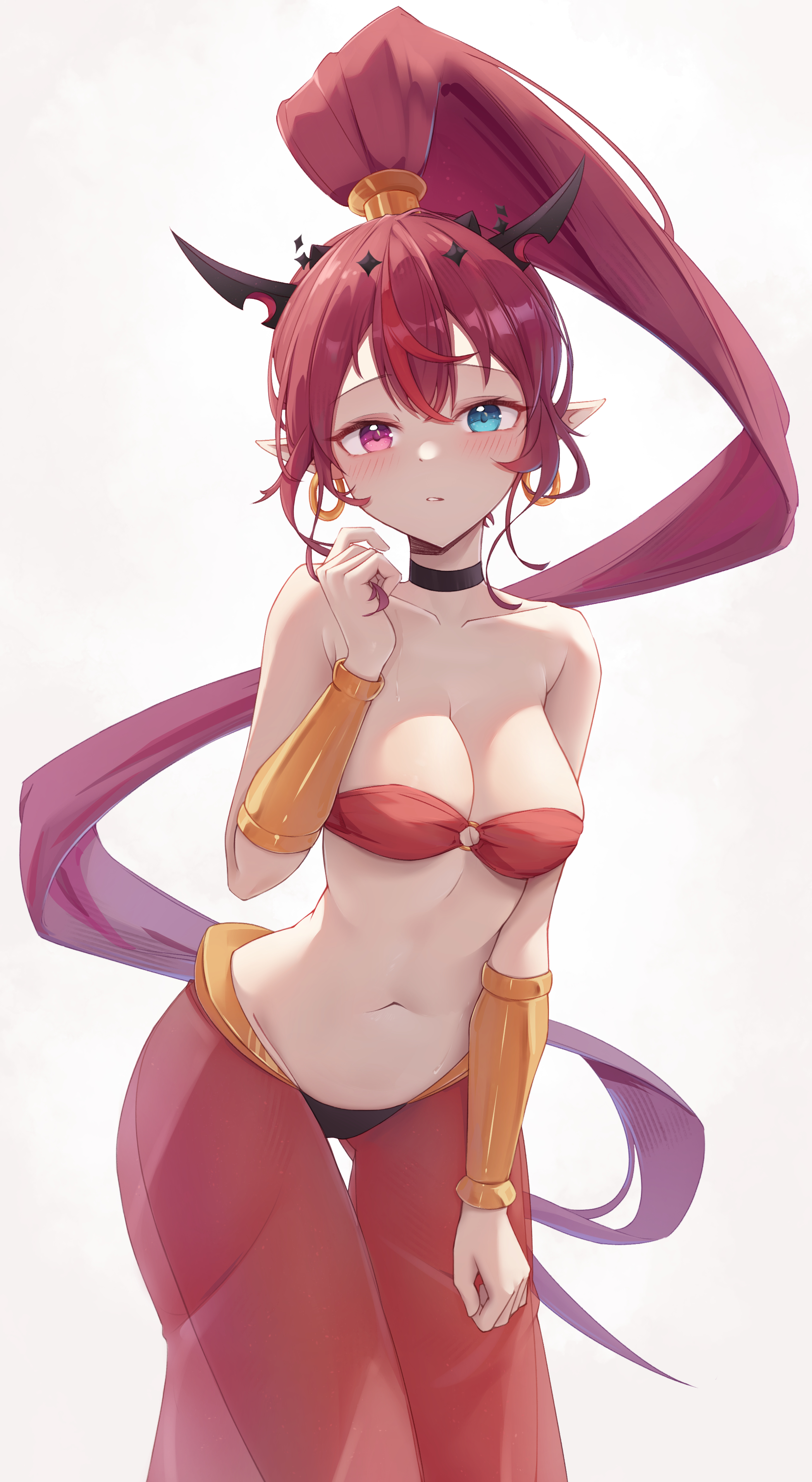 bare shoulders, blush, breasts, cleavage, dancer outfit, female, female only, harem outfit, hololive, hololive english, hololive english -promise-, irys, irys (hololive), medium breasts, midriff, navel, o-ring bikini, o-ring top, ponytail, see-through clothing, shantae (cosplay), shironekokfp, simple background, solo, solo female, virtual youtuber, white background