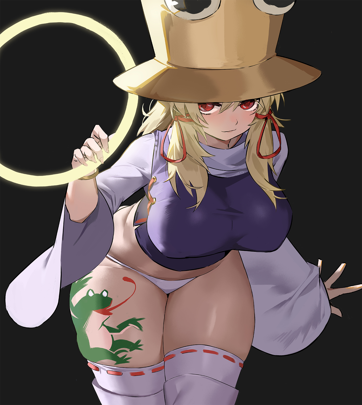 1girls, aged up, alternate breast size, big breasts, big thighs, blonde female, blonde hair, breasts, energy ring, female, frog tattoo, hat, looking at viewer, magical girl, oreomanko, panties, red eyes, ring, solo, solo female, suwako moriya, tagme, tattoo, thick thighs, thighhighs, touhou