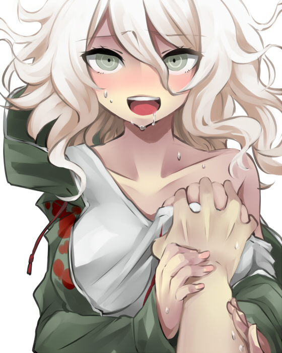 blush, breast grab, breasts, clothing, collarbone, danganronpa, danganronpa 2: goodbye despair, drooling, female, genderswap, genderswap (mtf), groping, groping breasts, guided breast grab, hoodie, jacket, large breasts, looking at viewer, nagito komaeda, no bra, open mouth, open smile, pov, rule 63, straight hair, super danganronpa 2, sweat, takamiya ren, wavy hair, white shirt