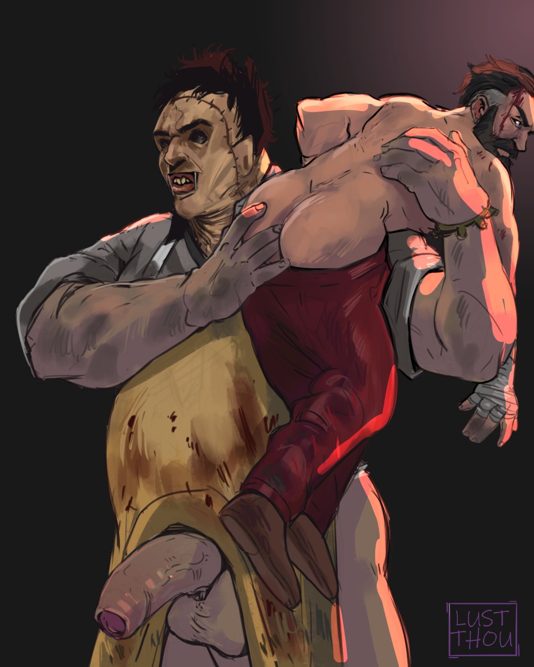 2boys anal_fingering beard big_penis blood brown_hair david_king dead_by_daylight gay leatherface lustthou male_only muscular_male questionable_consent size_difference texas_chainsaw_massacre topless uncircumcised