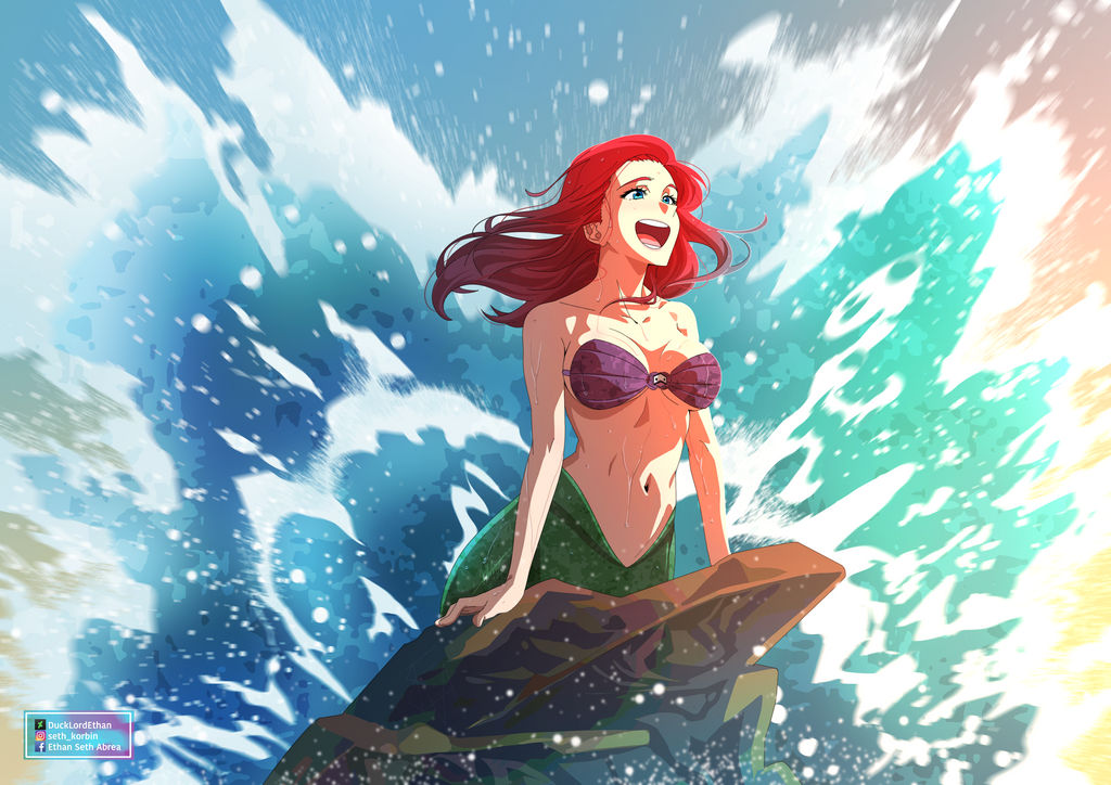 ariel, big breasts, bra, breasts, disney, ducklordethan, female, green tail, jpeg, merfolk, mermaid, red hair, tagme, tail, the little mermaid, water