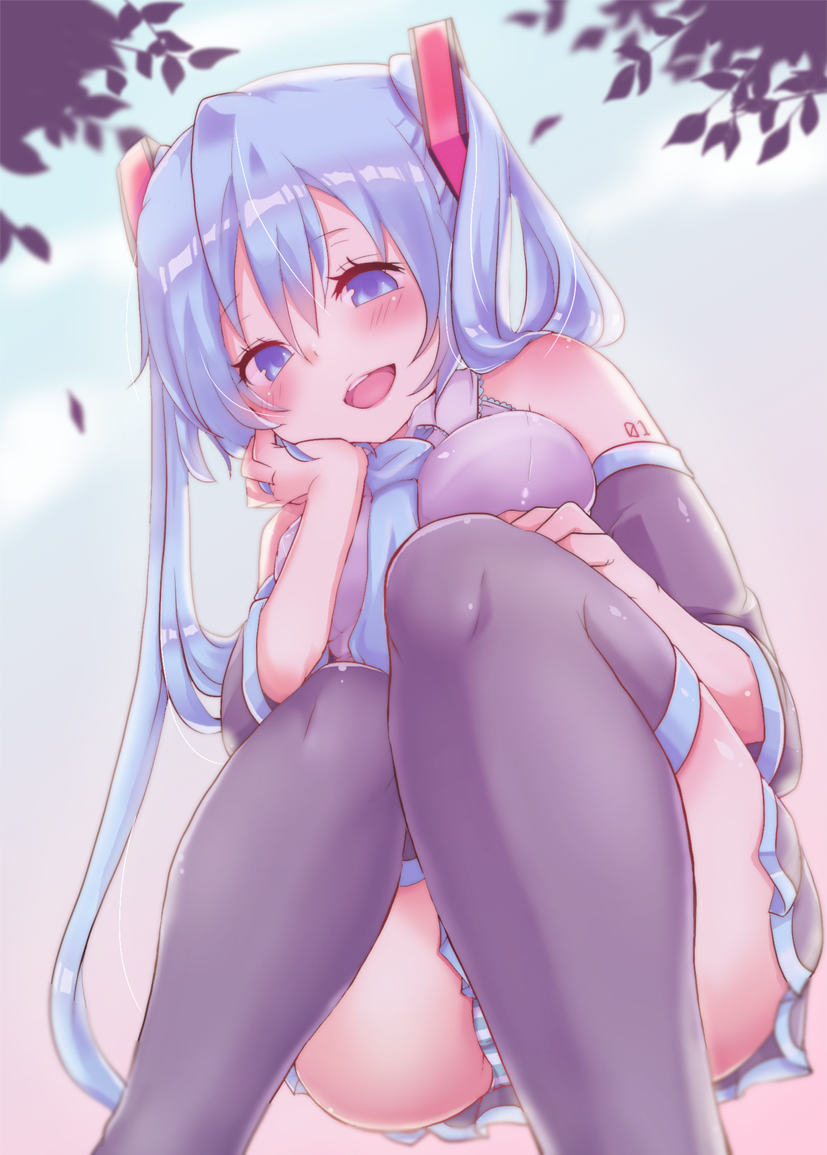 1girls ass big_breasts blue_eyes blue_hair breasts clothing female hatsune_miku kusoyuridanchi panties solo squatting tagme vocaloid