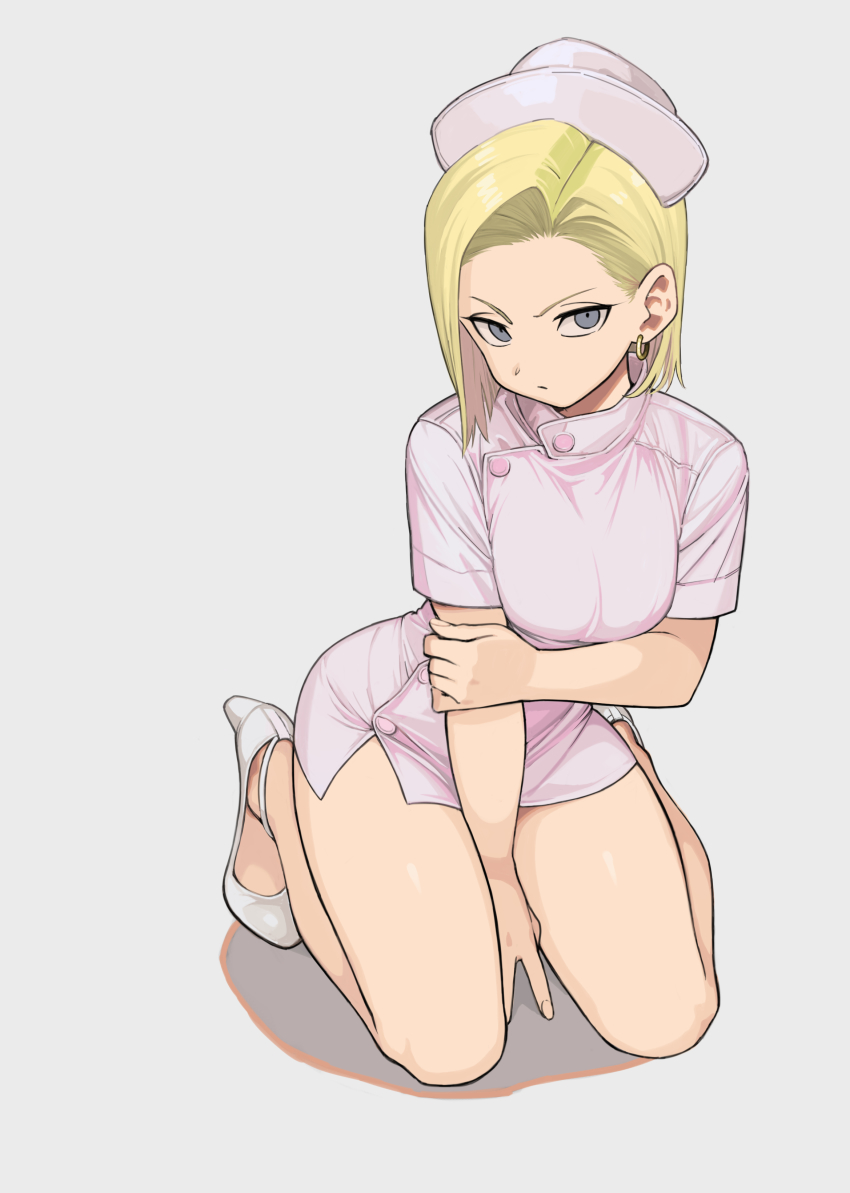 android_18 blonde_hair blue_eyes breasts dragon_ball dragon_ball_z earrings female hand_on_arm high_heels kneeling large_breasts long_hair nurse nurse_cap nurse_uniform rokoido12 white_high_heels