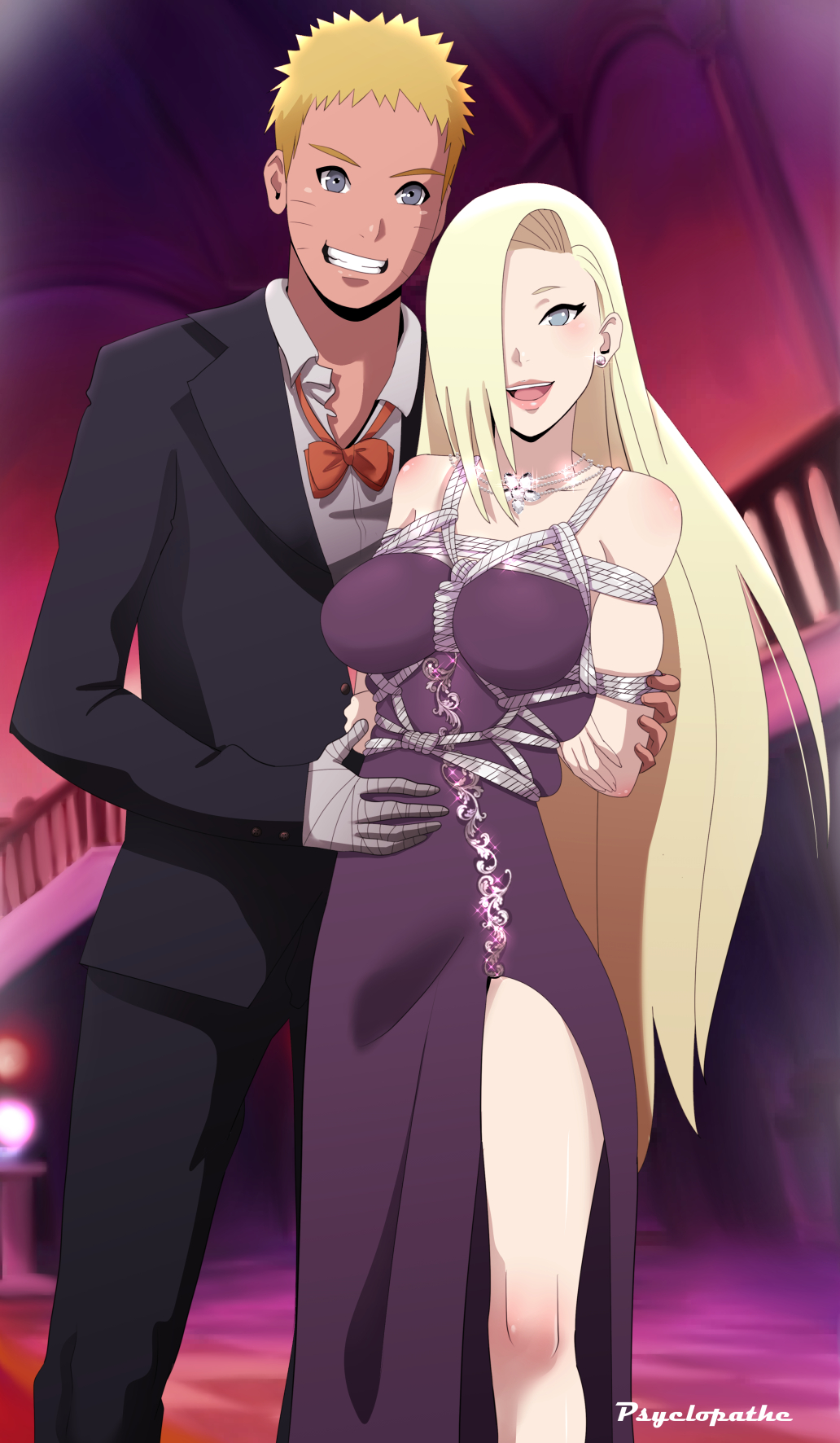 1boy, 1girls, arms behind back, bare legs, bare shoulders, big breasts, blue eyes, blush, bondage, breasts, bsdm, couple, dress, duo, duo focus, elegant, elegant dress, female, grin, hair over one eye, human, implied marriage, ino yamanaka, jewelry, kinbaku, lipstick, long hair, looking at viewer, makeup, male, male/female, naruto, naruto (series), naruto shippuden, naruto: the last, necklace, presenting, presenting self, psyclopathe, rope, short hair, smile, suit, tied up, uzumaki naruto, very long hair, voluptuous
