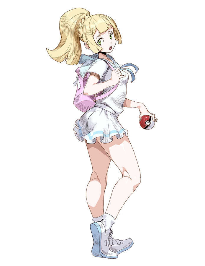 1girls backpack bag bare_legs blonde_hair breasts clothing female female_only footwear game_freak genzoman human lillie_(pokemon) looking_back miniskirt nintendo nipple_bulge open_mouth pale_skin pinup pokeball pokemon pokemon_sm ponytail shoes skirt small_breasts socks solo thick_thighs thighs white_background white_socks