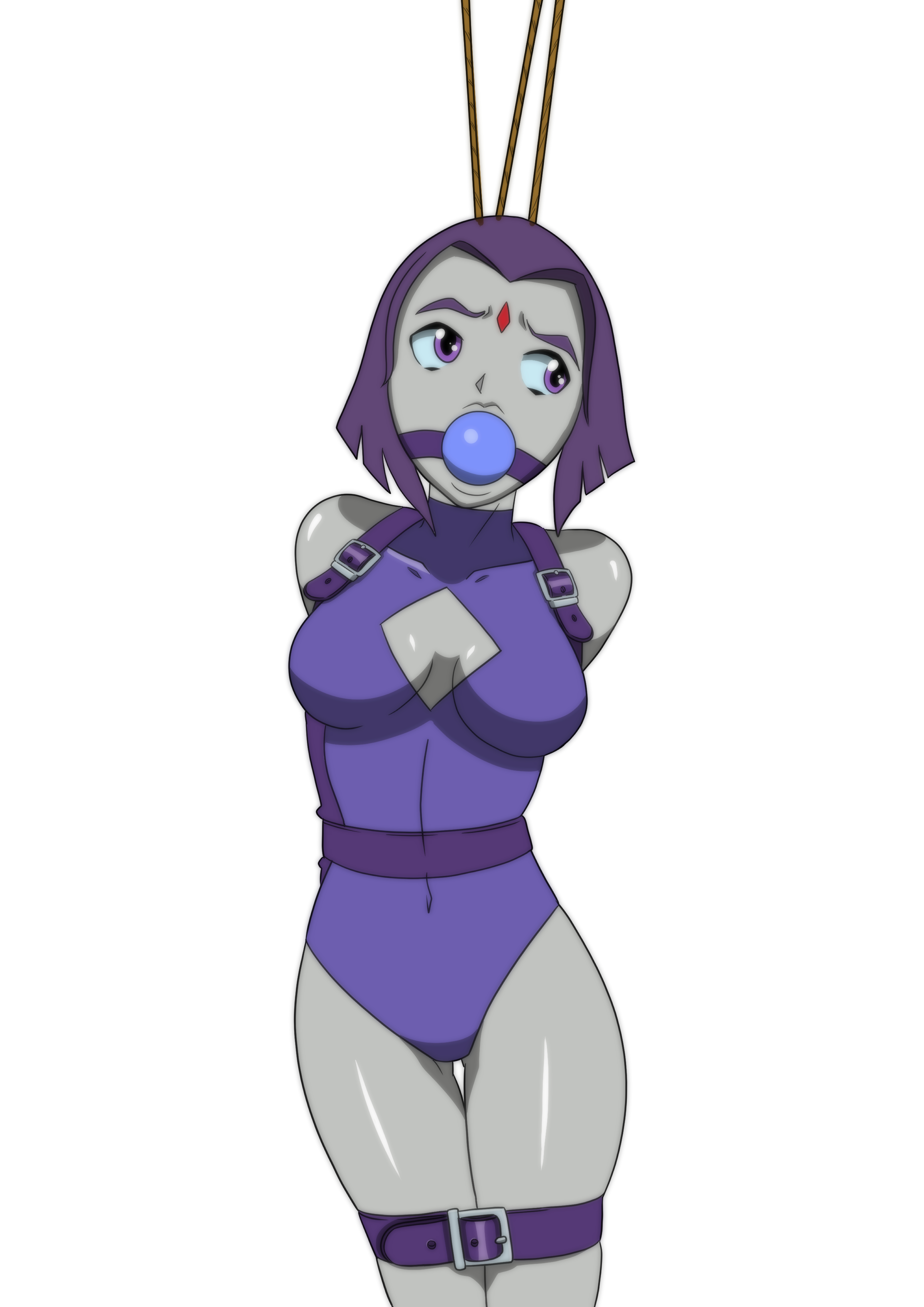 armbinder, arms behind back, ball gag, bare legs, bare shoulders, blue ball gag, bondage, bound, bound arms, bound legs, breasts, captured, dc, dc comics, demon, demon girl, female, forced, gag, gagged, goth, goth girl, helpless, kidnapped, leotard, purple eyes, purple hair, rachel roth, raven (dc), restrained, short hair, solo, solo female, straps, swimsuit, teen titans, thighs, tight clothing