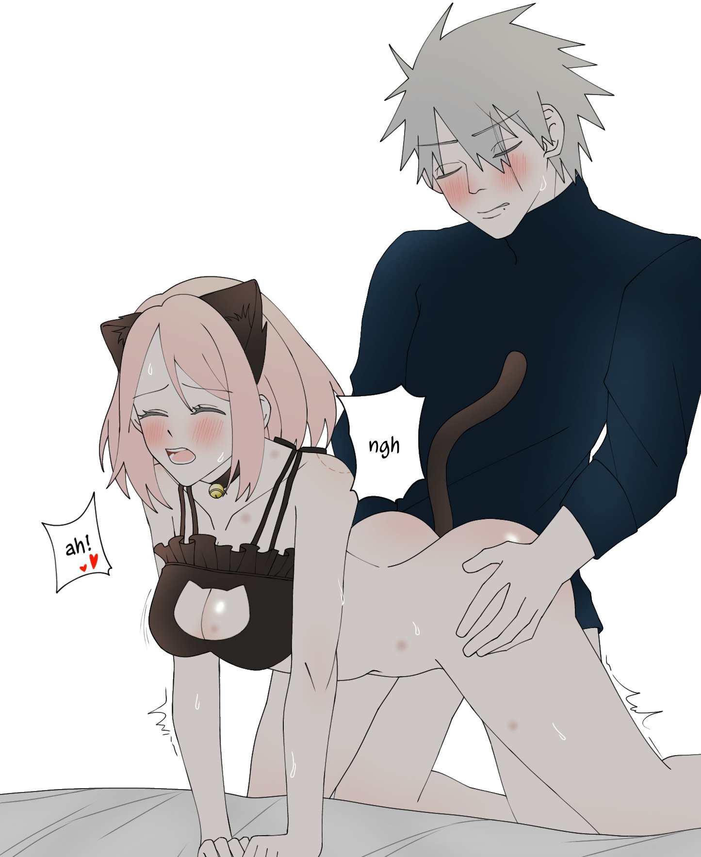 1boy, 1girls, all fours, blush, bnghthuy, boruto: naruto next generations, bottomless, bra, cat ears, cat girl, catgirl, center opening, closed eyes, doggy style, facial scar, female, hatake kakashi, long hair, male, male/female, moaning, naruto, naruto (series), naruto shippuden, naruto: the last, petite, pink hair, sakura haruno, scar, scar across eye, sex, shirt, short hair, silver hair, spiky hair, taken from behind, teacher and student, underwear, unmasked