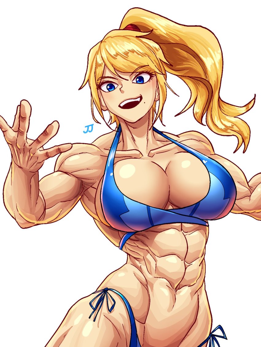 1girls, abs, almost naked, athletic, athletic female, barefoot, biceps, bikini, blonde hair, blue bikini, blue eyes, blue swimsuit, breasts, extreme muscles, feet out of frame, female, fit, fit female, g-string, g-string only, half naked, huge breasts, inviting to sex, large breasts, looking at viewer, looking down, metroid, micro bikini, mole under mouth, muscles, muscular, muscular arms, muscular ass, muscular back, muscular female, muscular legs, muscular thighs, naked, naked female, nintendo, nude, nude female, offering to viewer, ponytail, samus aran, seducing, side-tie bikini, six pack, smiling at viewer, sparkeyjinjin, string bikini, swimsuit, thick thighs, thong bikini, thunder thighs, tied hair, triceps, wide hips