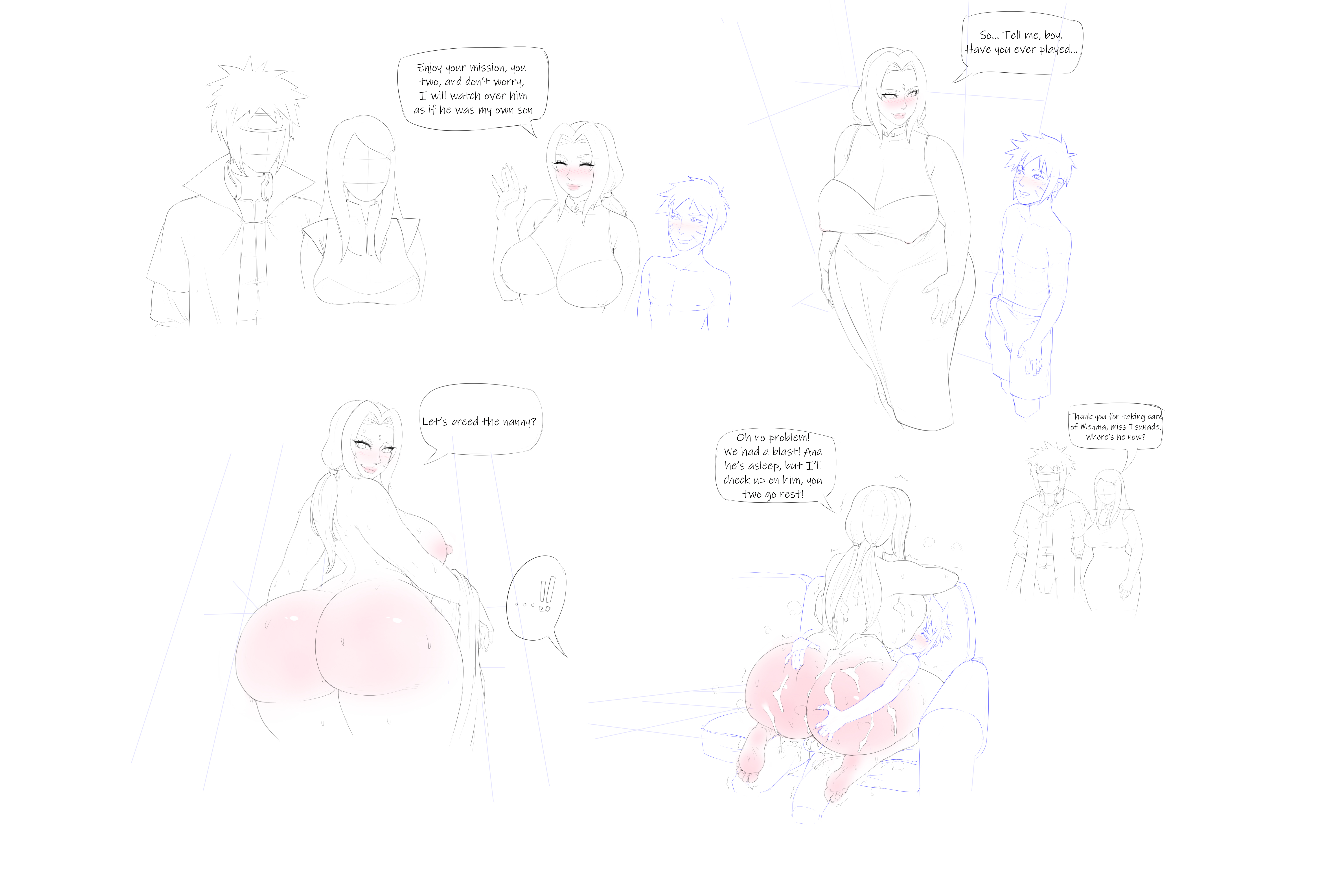 !!, 2boys, 2girls, age difference, almost caught, ass, black and white, blush, breasts, cloak, completely nude, cowgirl position, cum, cum in pussy, cum on ass, cum on back, dialogue, erection under clothes, excessive cum, feet on legs, female, femdom, forehead mark, headband, huge ass, huge breasts, legoman, looking back, male, mature, mature female, milf, monochrome, namikaze minato, naruto, naruto (series), naruto: road to ninja, nervous, nude, older female, panels, pleasure face, presenting hindquarters, pussy, sequence, sex, size difference, sofa, stealth sex, text bubble, thick, thick ass, thick thighs, tsunade, twintails, undressing, uzumaki kushina, uzumaki menma, whisker markings