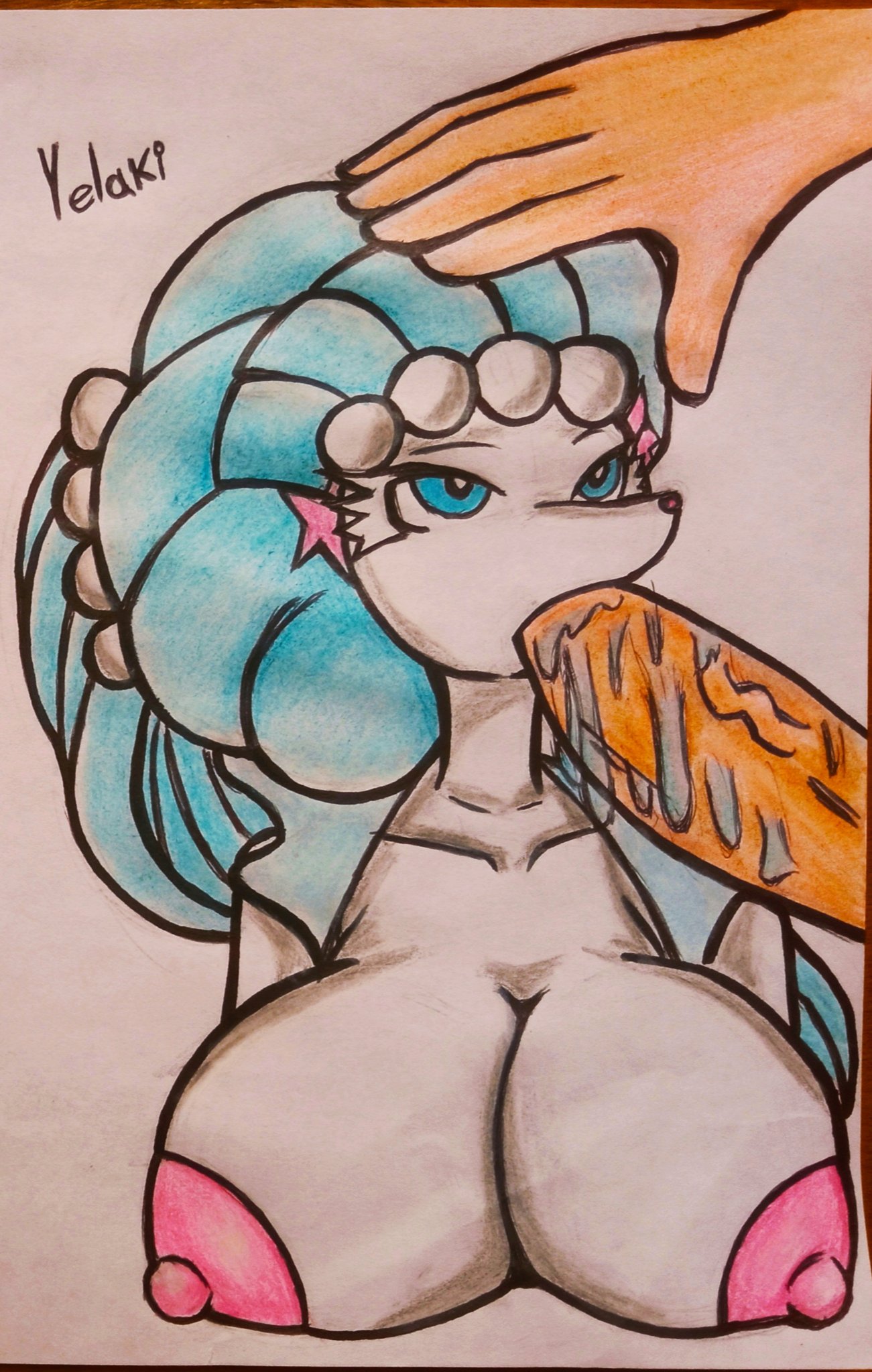 1girls 5_fingers anthro big_breasts blowjob blue_eyes blue_hair breasts colored_pencil_(artwork) female hand_on_head huge_breasts large_breasts nipples oral oral_sex pink_nipples pokémon_(species) pokemon primarina saliva sucking_off sucking_tip traditional_media_(artwork) yelaki