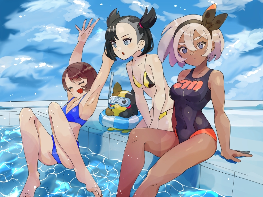 3girls bea_(pokemon) bikini black_bikini black_hair blue_bikini blue_eyes breasts brown_hair clouds feet_in_water female female_only gloria_(pokemon) headband innertube katwo marnie_(pokemon) medium_breasts morpeko multicolored_bikini multiple_girls nintendo one-piece_swimsuit pokemon pokemon_ss pool purple_eyes short_hair sky small_breasts snorkel swimsuit twintails water white_hair yellow_bikini