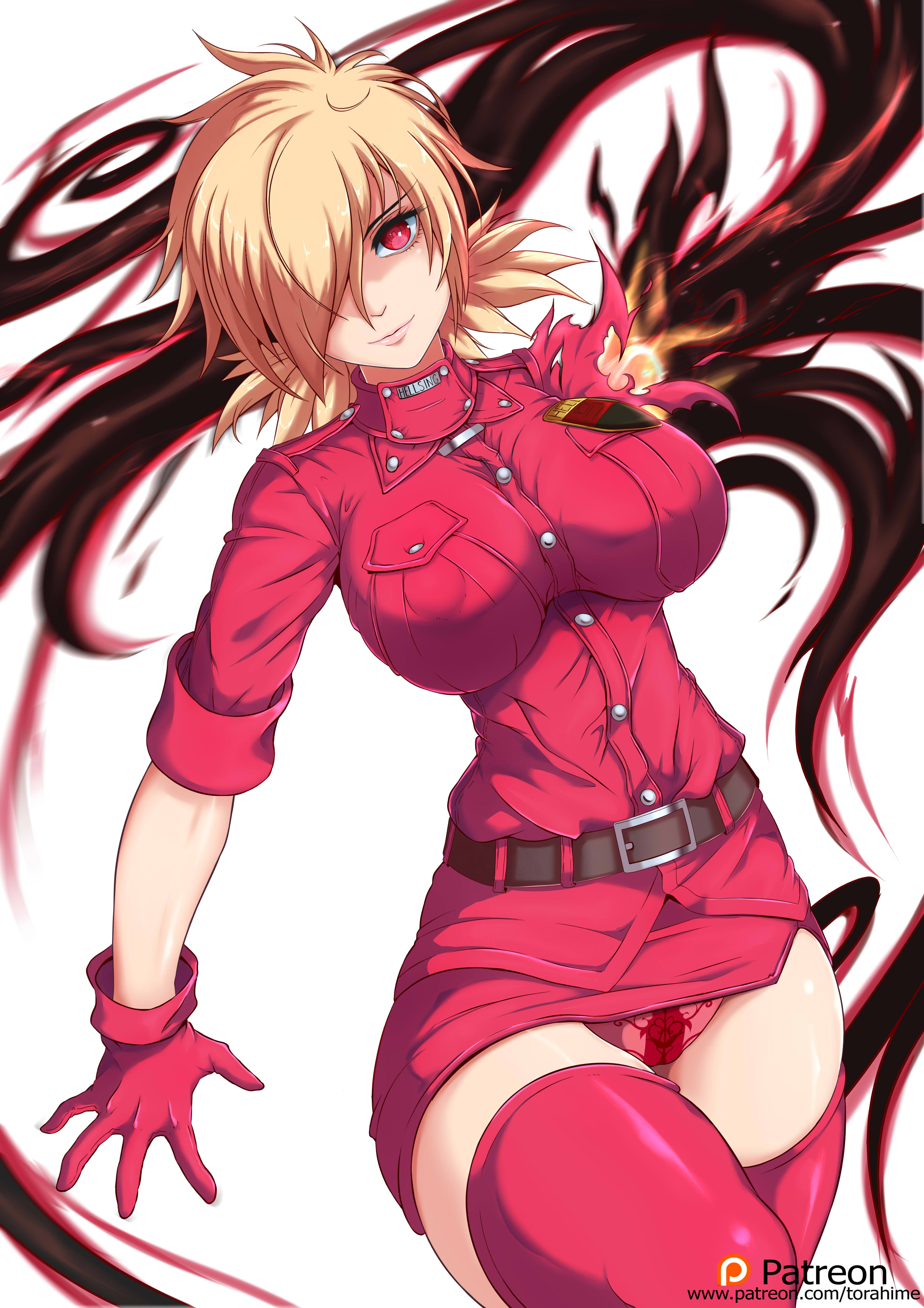 1girls, big breasts, blonde hair, breasts, female, gloves, hellsing, panties, pencil skirt, red clothing, red eyes, red gloves, red panties, seras victoria, skirt, solo, tagme, thick thighs, torahime, vampire