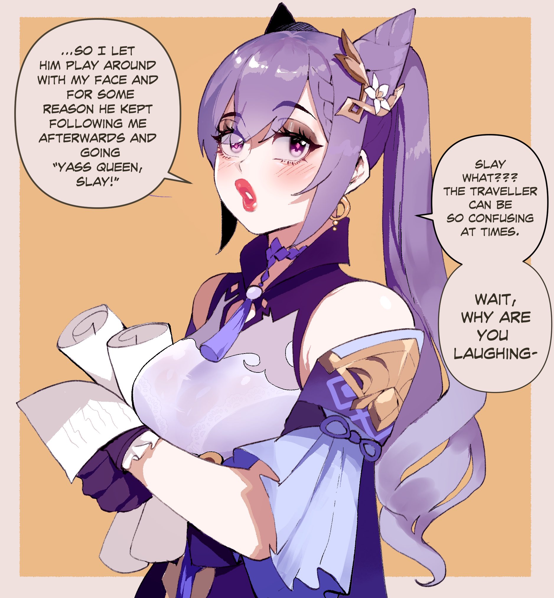 1boy, 1girls, aether (genshin impact), big breasts, bimbo, bimbo lips, breasts, clothed, female, genshin impact, keqing (genshin impact), lips, lipstick, makeup, male, plump lips, purple hair, red lipstick, thiccwithaq, yassification