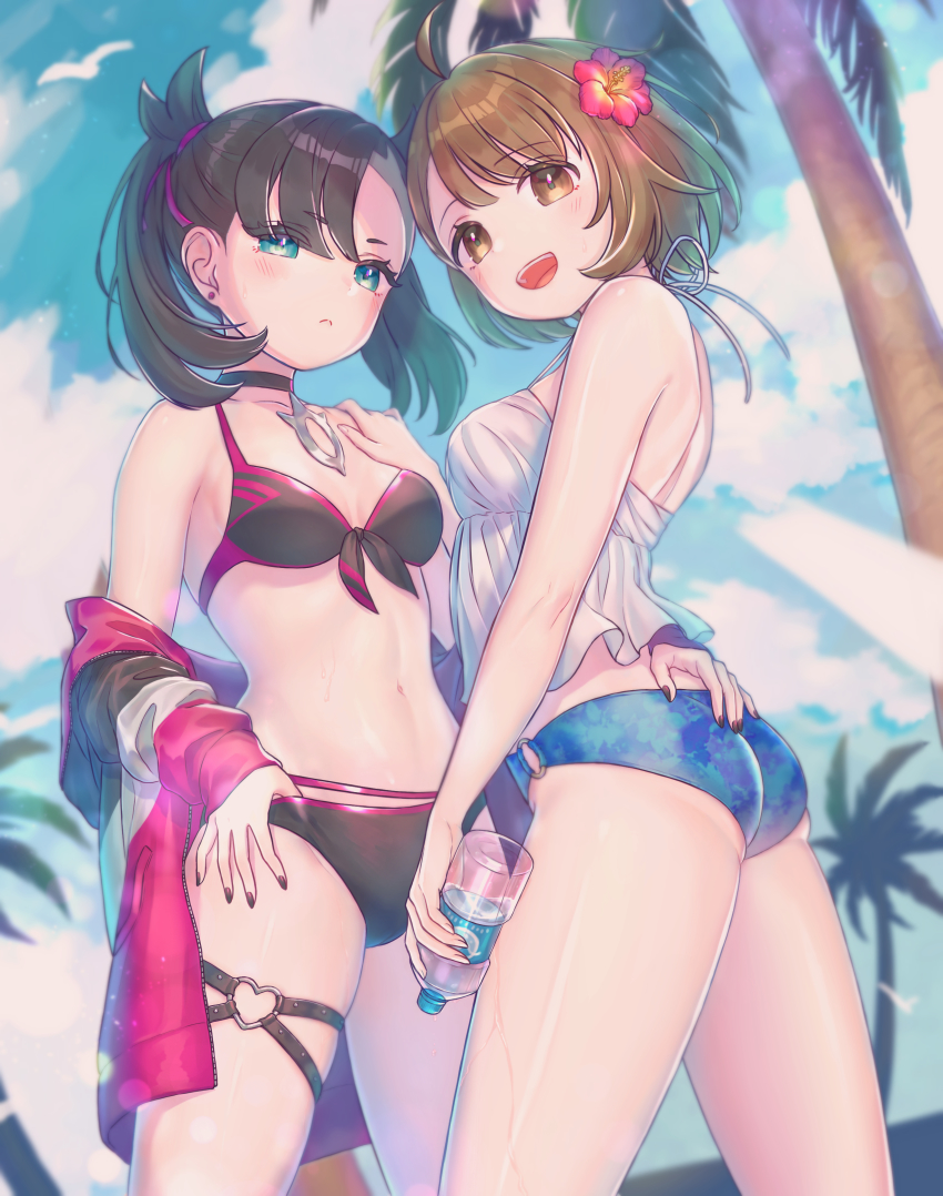 2girls ass bikini black_bikini black_hair black_swimsuit blue_bikini blue_swimsuit breasts brown_eyes brown_hair choker female female_only flower_in_hair gloria_(pokemon) green_eyes hand_on_ass hand_on_shoulder heart_o-ring holding_bottle jacket jacket_partially_removed marnie_(pokemon) multiple_girls n2ewu navel nintendo o-ring_bikini o-ring_bottom o-ring_swimsuit painted_fingernails palm_tree pokemon pokemon_ss ribbon_in_hair short_hair sky small_breasts swimsuit thigh_strap twintails water_bottle