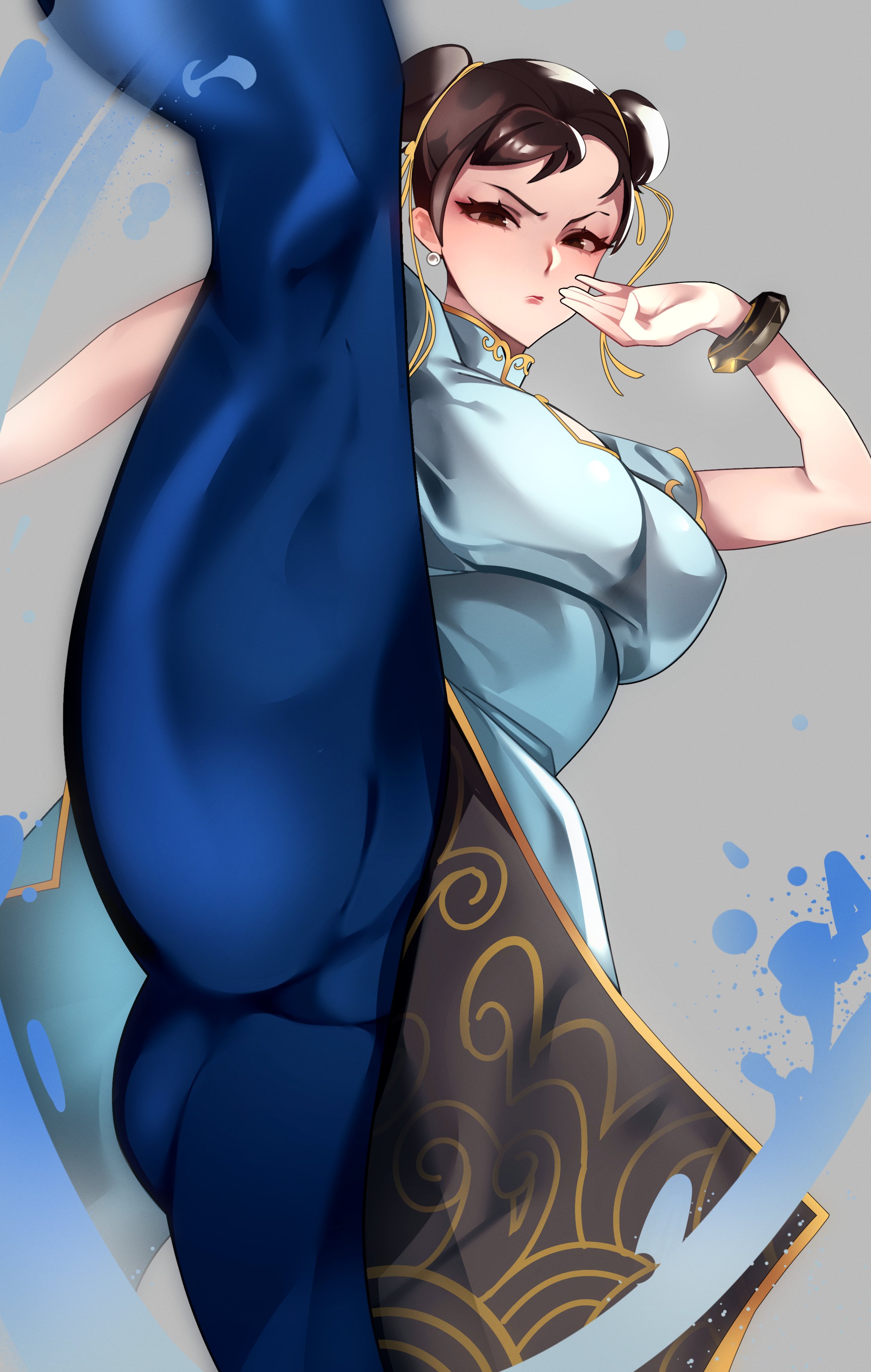 1girls, armwear, asian, asian clothing, asian female, ass, ass visible through thighs, big ass, big breasts, blue pants, bottomwear, bracelet, breasts, brown hair, bun cover, capcom, chinese clothes, chun-li, clothing, earrings, female, female only, fully clothed, hair, hairbun, leg up, oregano, pants, pelvic curtain, solo, solo female, street fighter, street fighter 6, thick thighs, thighs, topwear
