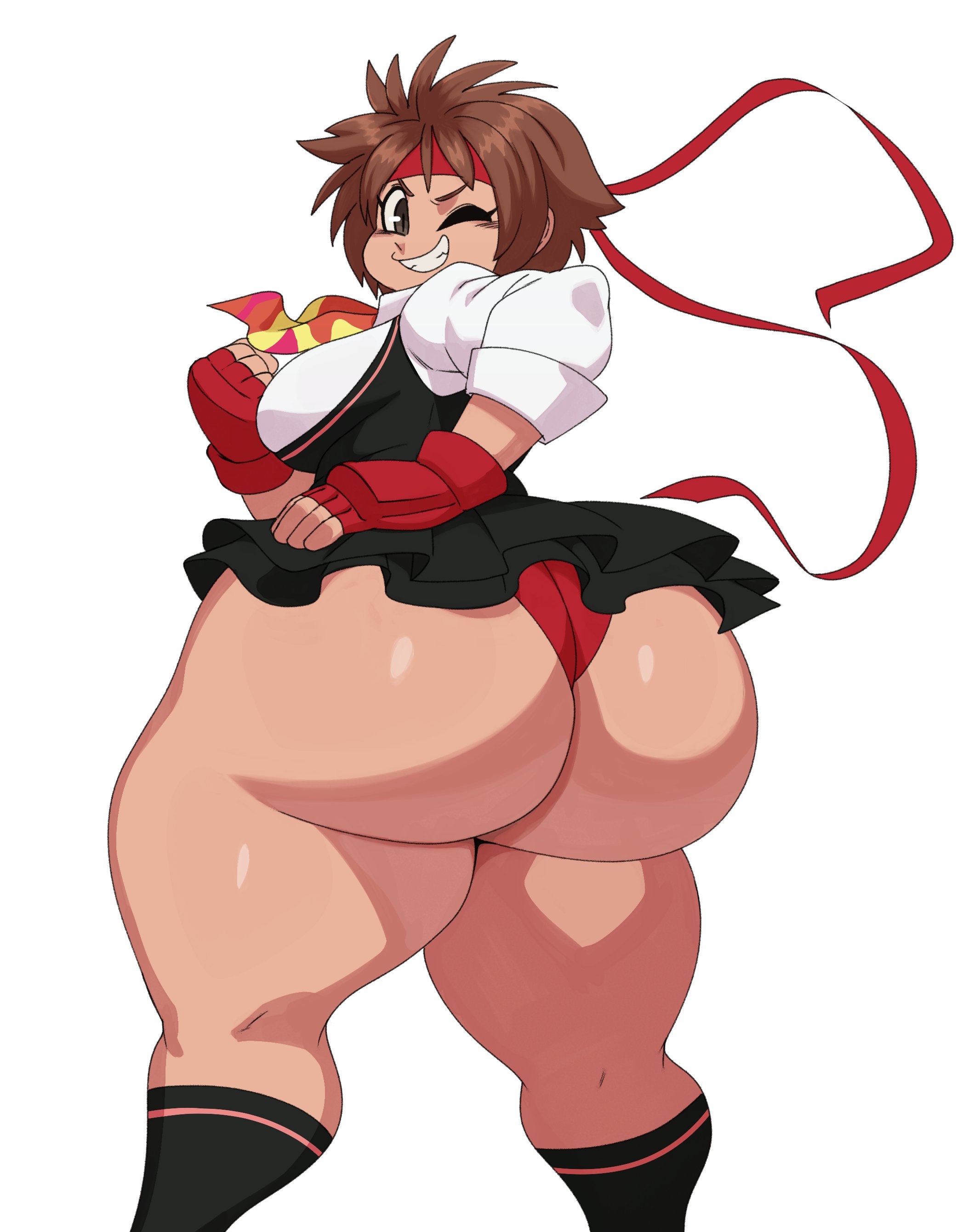 1girls, 2022, ass, ass bigger than skirt, big ass, big butt, breasts, brown hair, bubble ass, bubble butt, buruma, capcom, clothing, confident, fat ass, female, female only, fighting pose, fighting stance, gloves, hand on hip, headband, huge ass, huge butt, looking at viewer, looking back, one eye closed, panties, sakura kasugano, shiny ass, shiny skin, shiny thighs, sideboob, skirt too short, smile, socks, solo, sssonic2, street fighter, teeth, thick ass, thick thighs, white background, wide hips, wink, winking at viewer