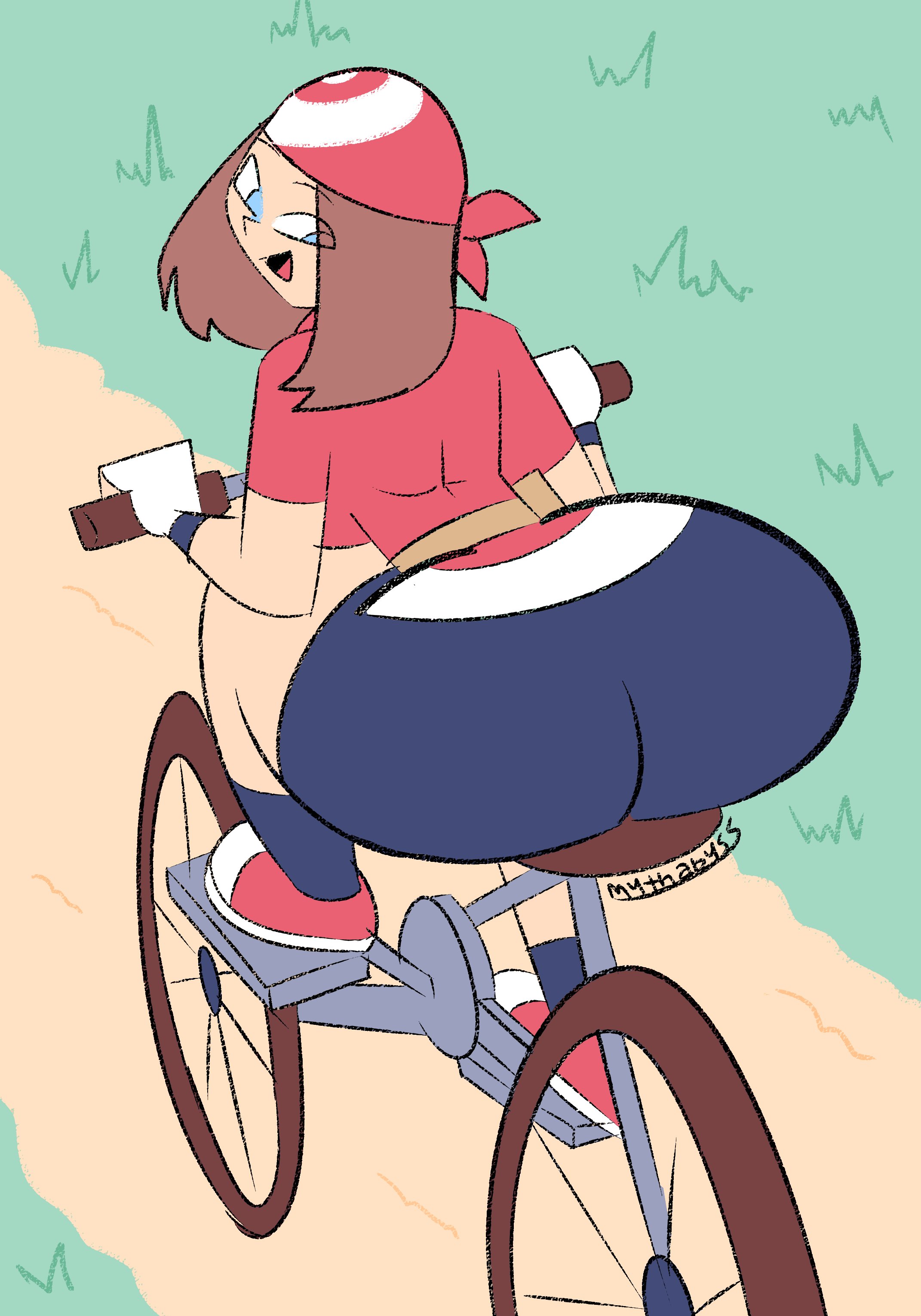 1girls, ass, bandana, bicycle, big ass, blue eyes, brown hair, bubble ass, bubble butt, clothing, fat ass, female, female only, footwear, full body, handwear, huge ass, human, looking back, may (pokemon), mythabyss, nintendo, outside, pale skin, pokemon, shorts, solo, solo female, thick thighs, wide hips
