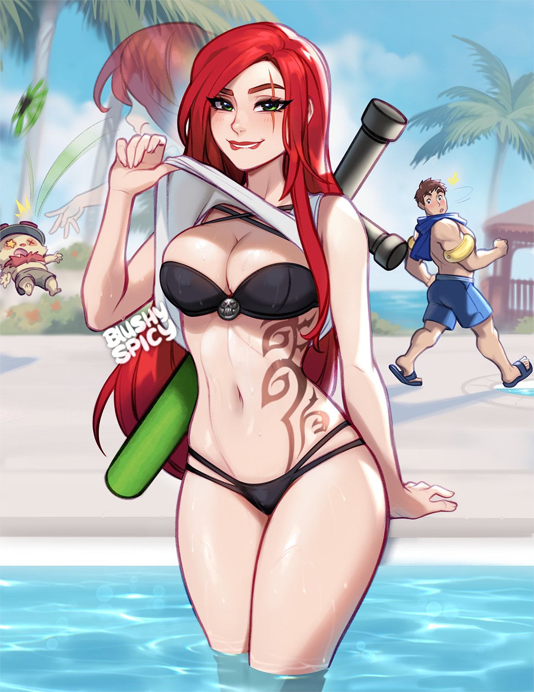 1girls beach big_breasts bikini biting_lip blush blushypixy blushyspicy female garen_crownguard green_eyes katarina_du_couteau league_of_legends looking_at_viewer partially_clothed pool pool_party_series red_hair scar shirt_lift smile standing sweat tattoo teemo thick_thighs water