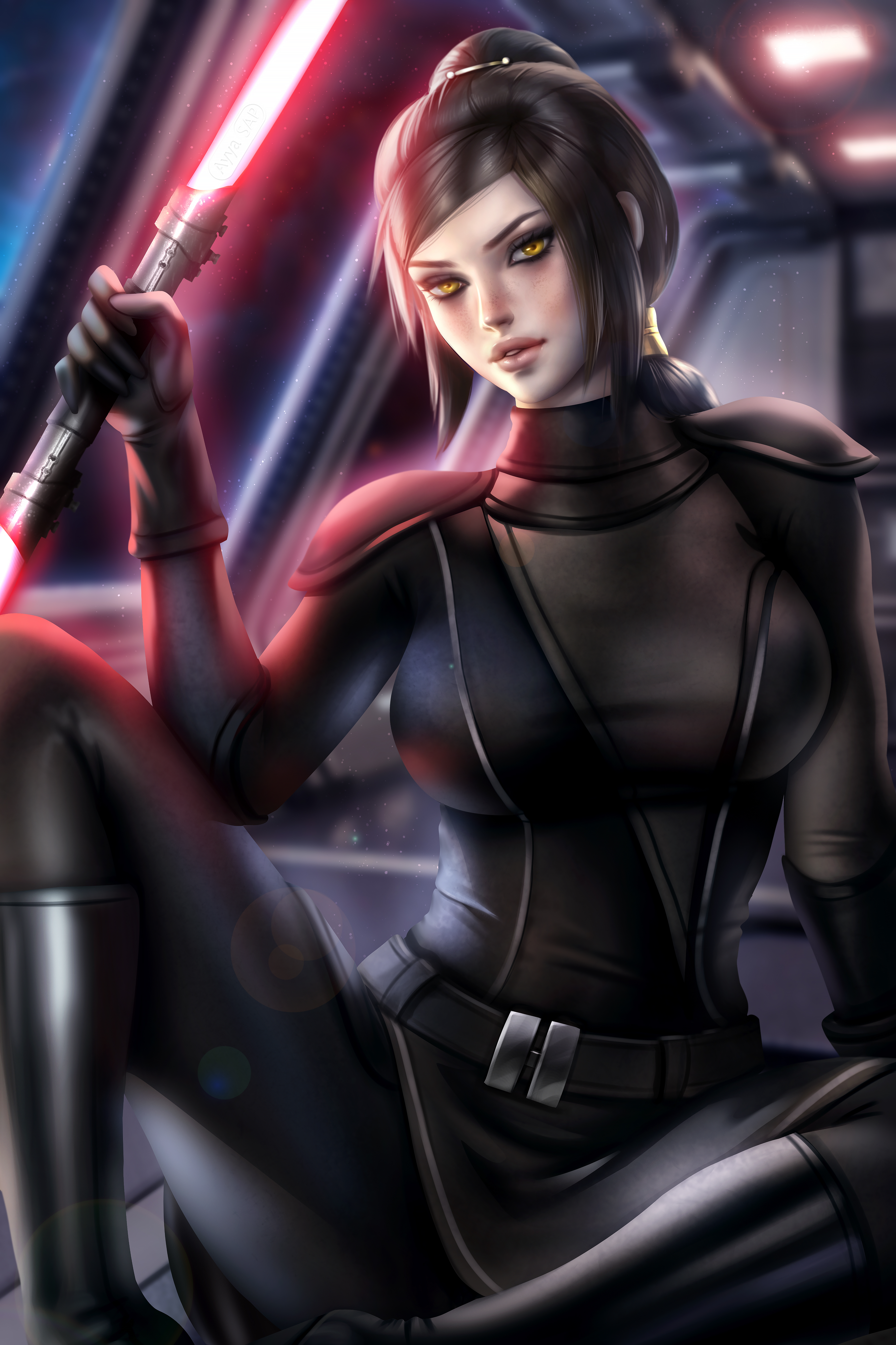 1girls, 2d, athletic, athletic female, ayyasap, bastila shan, big breasts, breasts, brown hair, dual-bladed lightsaber, female, female focus, female only, huge breasts, human, knights of the old republic, knights of the old republic (series), large breasts, lightsaber, long hair, lucasfilm, red lightsaber, sith, solo, solo female, solo focus, spread legs, star wars, tied hair, yellow eyes