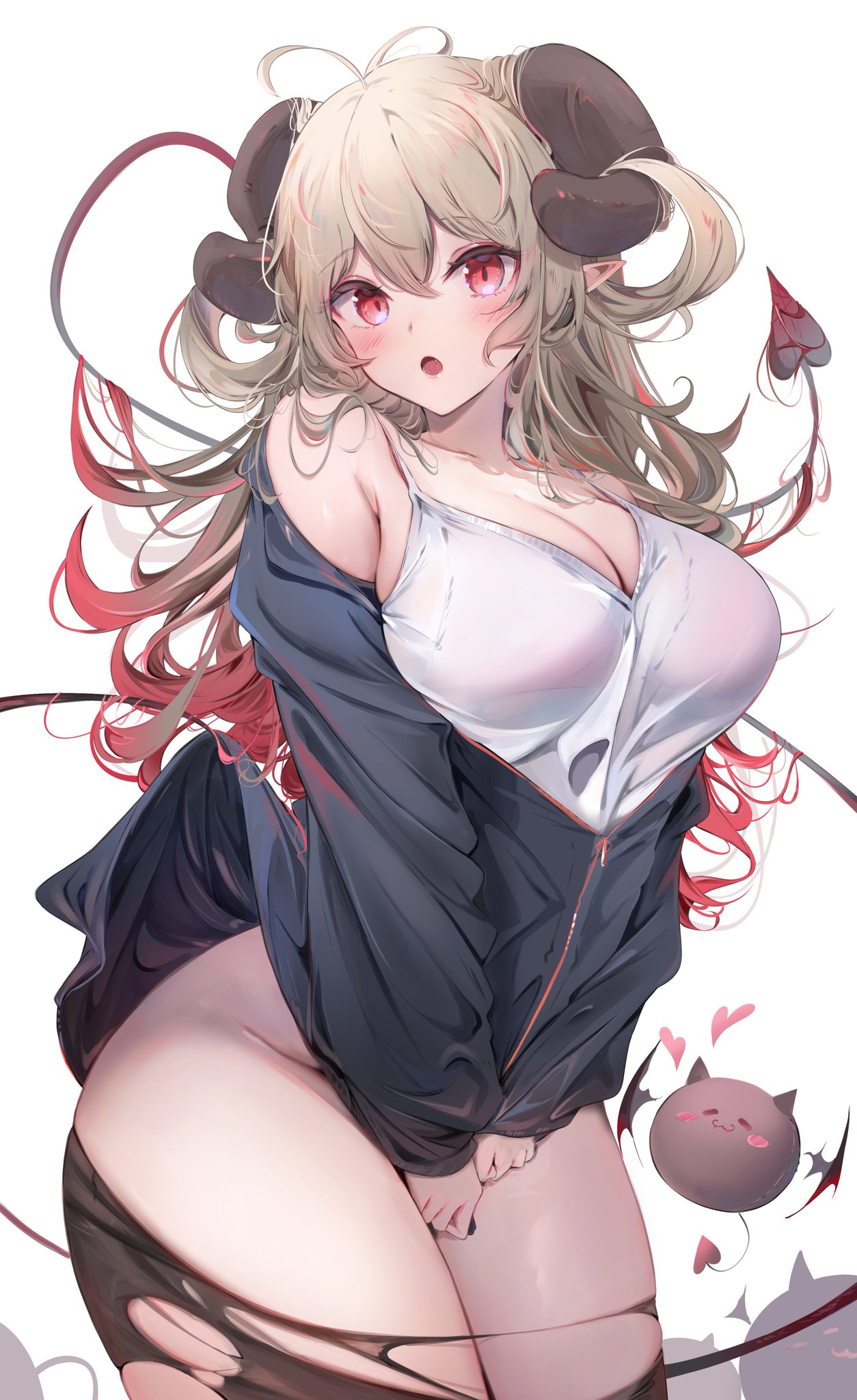 bare shoulders, bare thighs, blonde hair, blush, blush lines, bottomless, breasts, bursting clothes, cleavage, covering crotch, demon, demon girl, demon horns, demon tail, embarrassed, female, hands between legs, jacket, komupi, large breasts, long hair, mature female, messy hair, oc, open mouth, partially clothed, pointy ears, pulling clothing, red eyes, red hair, sideboob, small hands, surprised, thick thighs, thighs, torn clothes, torn clothing, torn legwear, wide hips, wide thighs
