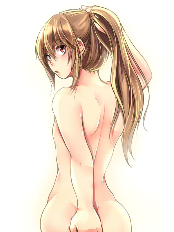 androgynous banira_(pixiv) bishonen brown_hair completely_nude femboy gintama gintama:_be_forever_yorozuya hand_on_ass hand_on_head light_brown_hair long_hair long_hair_male looking_at_viewer looking_back male male_only nude okita_sougo ponytail red_eyes solo