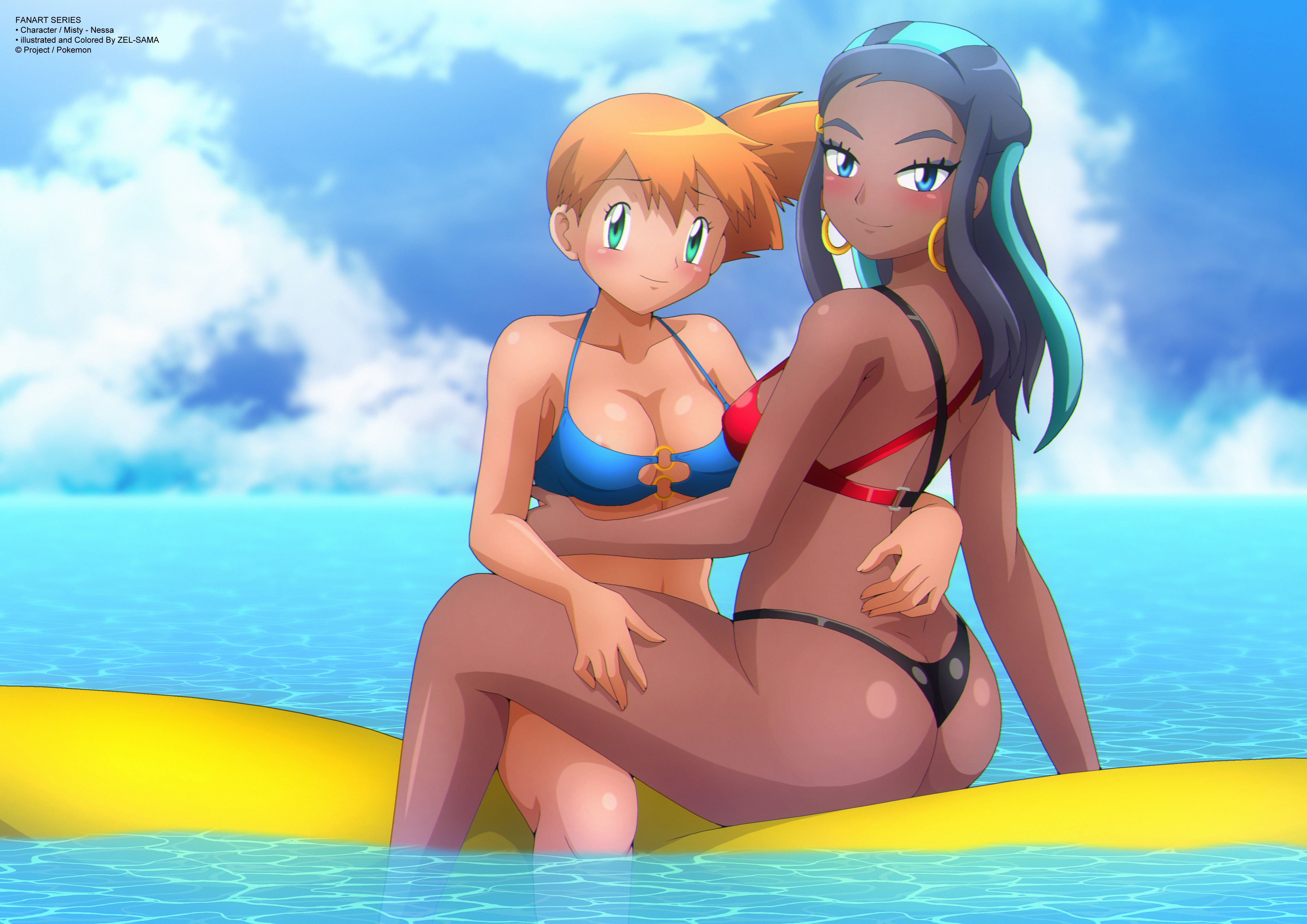 2022, 2girls, arm support, ass, asymmetrical hair, asymmetrical hairstyle, back, bare shoulders, bikini, bikini top, black hair, black-haired female, blue bikini, blue bikini top, blue eyes, blue hair, blue swimsuit, blush, breasts, clothing, dark blue hair, dark skin, dark-skinned female, duo, earrings, female, female only, g-string, g-string only, game freak, green eyes, gym leader, hand on hip, hoop earrings, in water, interracial, jewelry, kasumi (pokemon), long hair, multicolored hair, multiple females, multiple girls, nessa (pokemon), nintendo, orange hair, orange-haired female, piercing, pokemon, pokemon (game), pokemon rgby, pokemon ss, ponytail, pool, red bikini, short hair, side ponytail, sitting, sports bikini, swimsuit, tied hair, trait connection, two-tone hair, very long hair, water, wet, yuri, zel-sama
