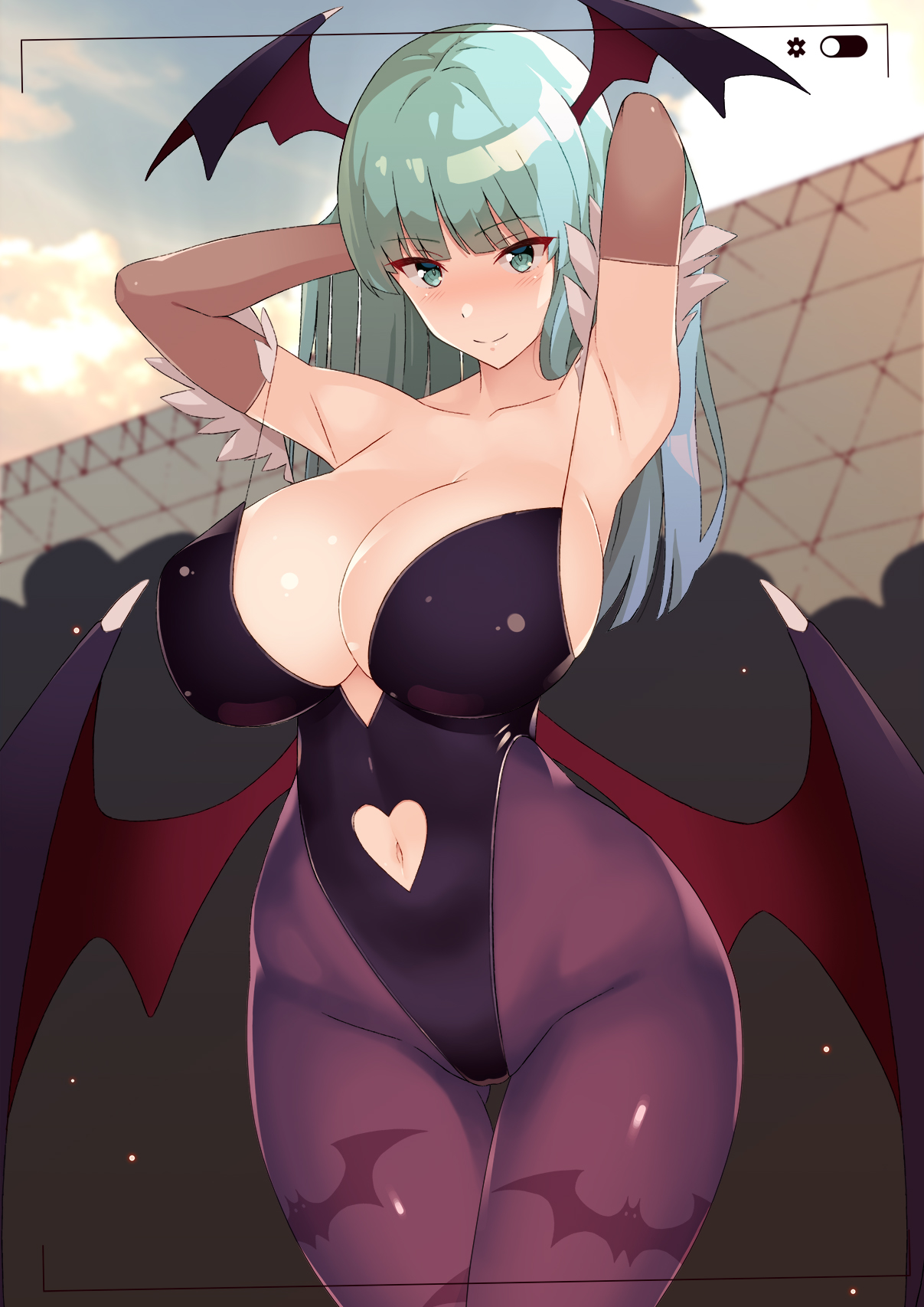 1girls, armpits, arms behind head, bat wings, big breasts, blush, breasts, busty, capcom, child bearing hips, cleavage, clothing, clothing cutout, darkstalkers, demon, demon girl, female, female only, green eyes, green hair, head wings, highres, large breasts, legs, leotard, long hair, morrigan aensland, nakamura yukitoshi, navel, navel cutout, pose, posing, recording, sensual, smile, succubus, succubus costume, succubus wings, thick thighs, thighs, voluptuous, wide hips, wings