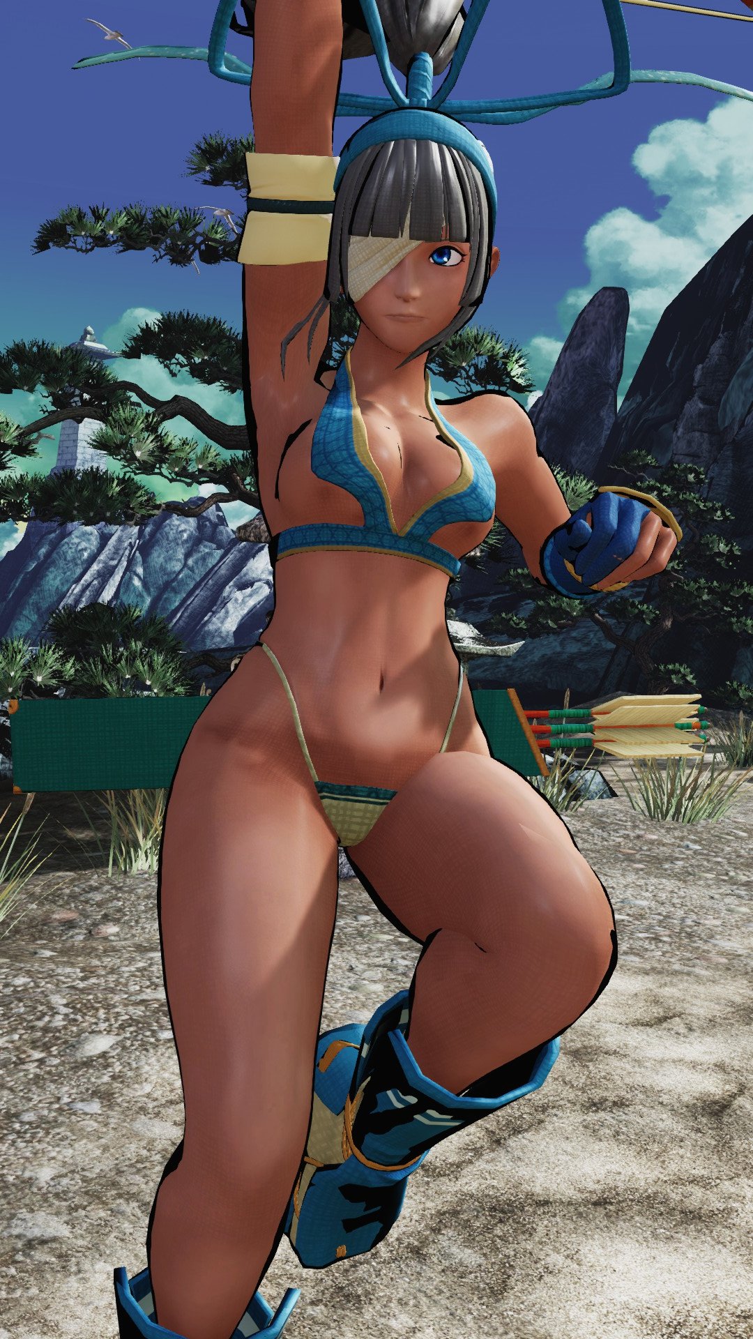 1girls 3d arm_up armpits big_breasts blue_eyes bow breasts busty cleavage female female_only gloves grey_hair hairbow hi_res large_breasts legs long_hair majikina_mina navel one_eye_covered ponytail samurai_shodown snk solo thighs thong voluptuous