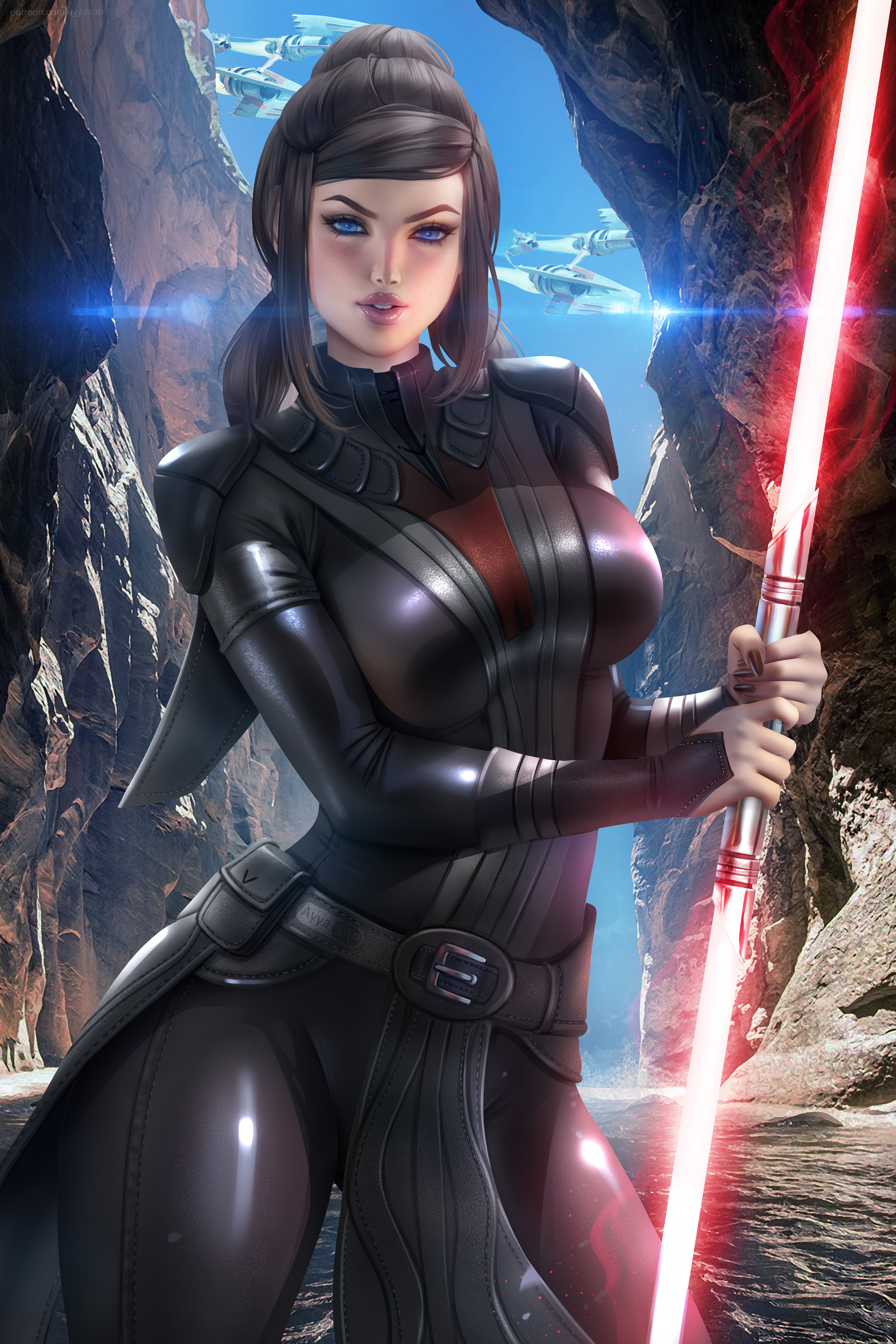 1girls, 2d, alternate version available, athletic, athletic female, ayyasap, bastila shan, big breasts, blue eyes, breasts, brown hair, dual-bladed lightsaber, female, female only, huge breasts, human, knights of the old republic, knights of the old republic (series), large breasts, lightsaber, long hair, lucasfilm, red lightsaber, sith, solo, solo female, solo focus, star wars, tied hair