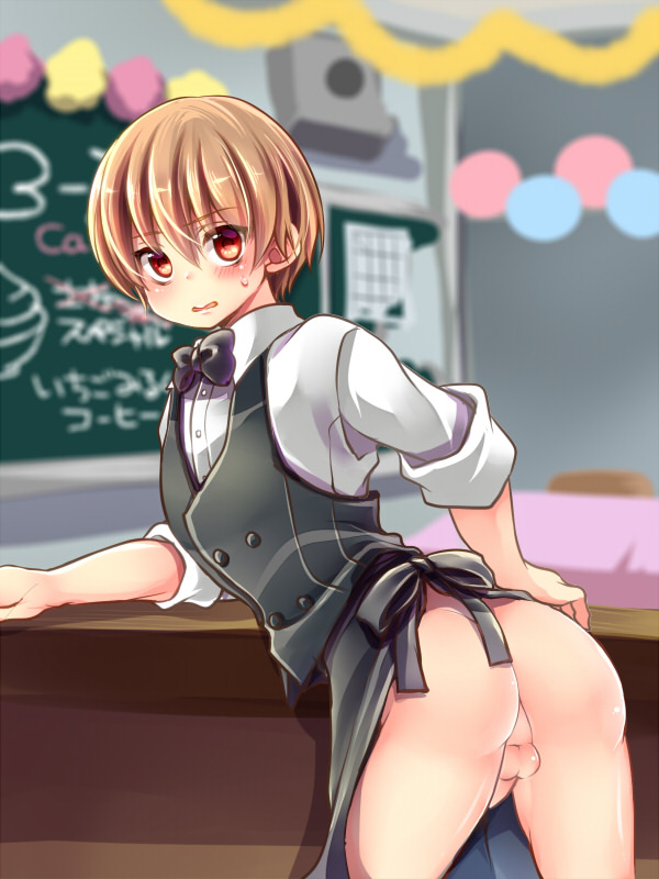 ass backsack balls banira_(pixiv) bare_ass bent_over blush bottomless bowtie brown_hair embarrassed gintama light_brown_hair looking_at_viewer looking_back male male_only official_alternate_costume okita_sougo red_eyes solo sweatdrop twink uncensored waist_apron waiter