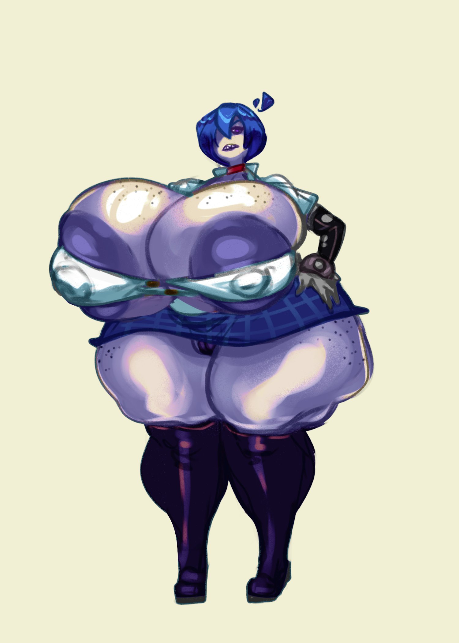 1girls, armwear, big breasts, blue hair, boots, breasts, breasts bigger than head, bursting breasts, busty, cleavage, clothing, female, female only, freckles, hair over one eye, hand on hip, huge breasts, hyper breasts, knee boots, large breasts, looking at viewer, nipple bulge, nipple outline, panties, pumspread, purple eyes, shirt, short hair, skirt, solo, thick thighs, thunder thighs, tiddy (megabippy), white skin, wide hips