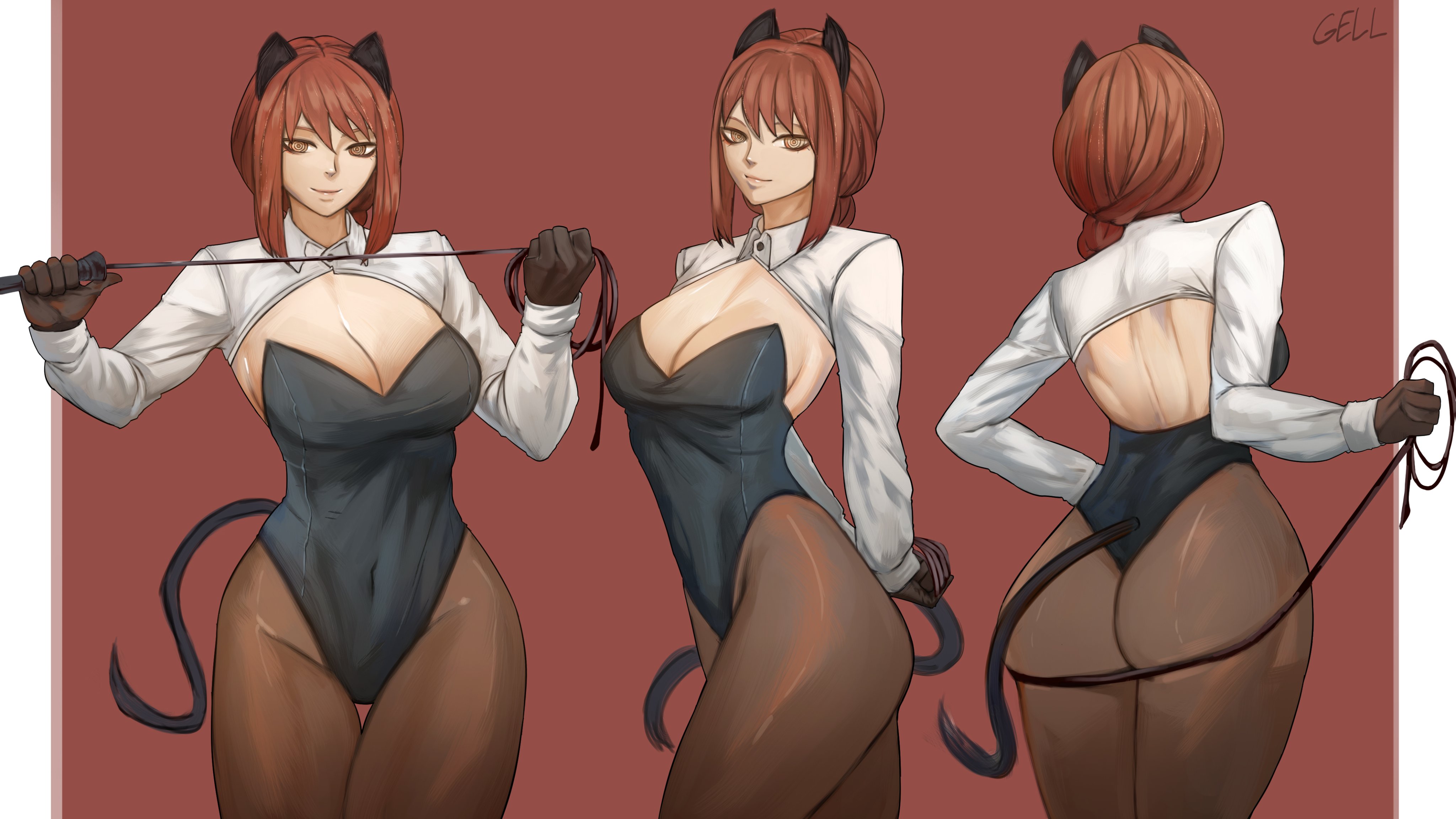 1girls, ass, braided hair, breasts, cat ears, cat tail, chainsaw man, female, female focus, female only, fully clothed, gelldraws, leotard, long hair, makima (chainsaw man), pantyhose, red hair, solo, solo female, standing, tail, thick thighs, whip