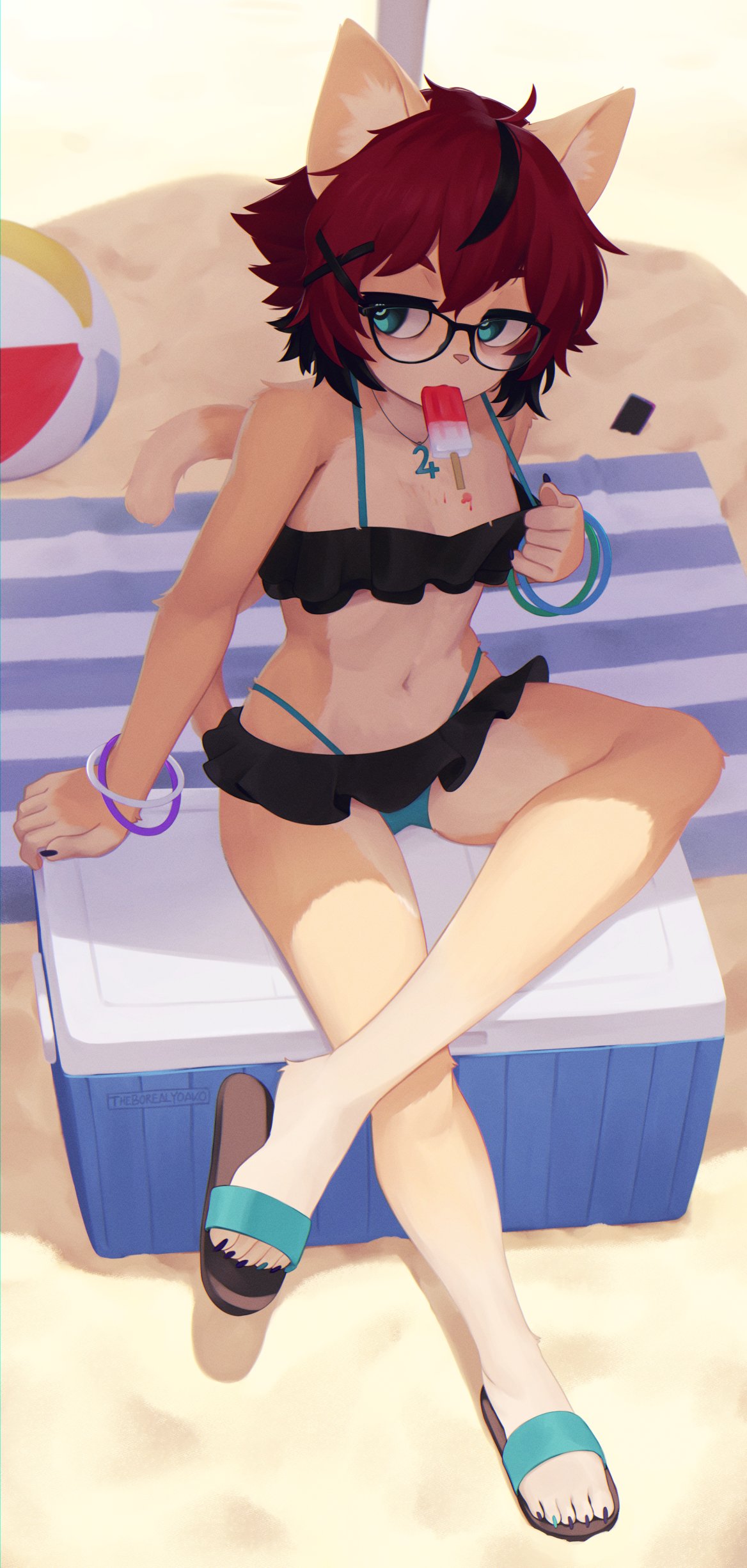 aeiou_(yoako) anthro bangs beach big_breasts bikini breasts feline female glasses popsicle symbol-shaped_pupils tagme unusual_pupils yoako