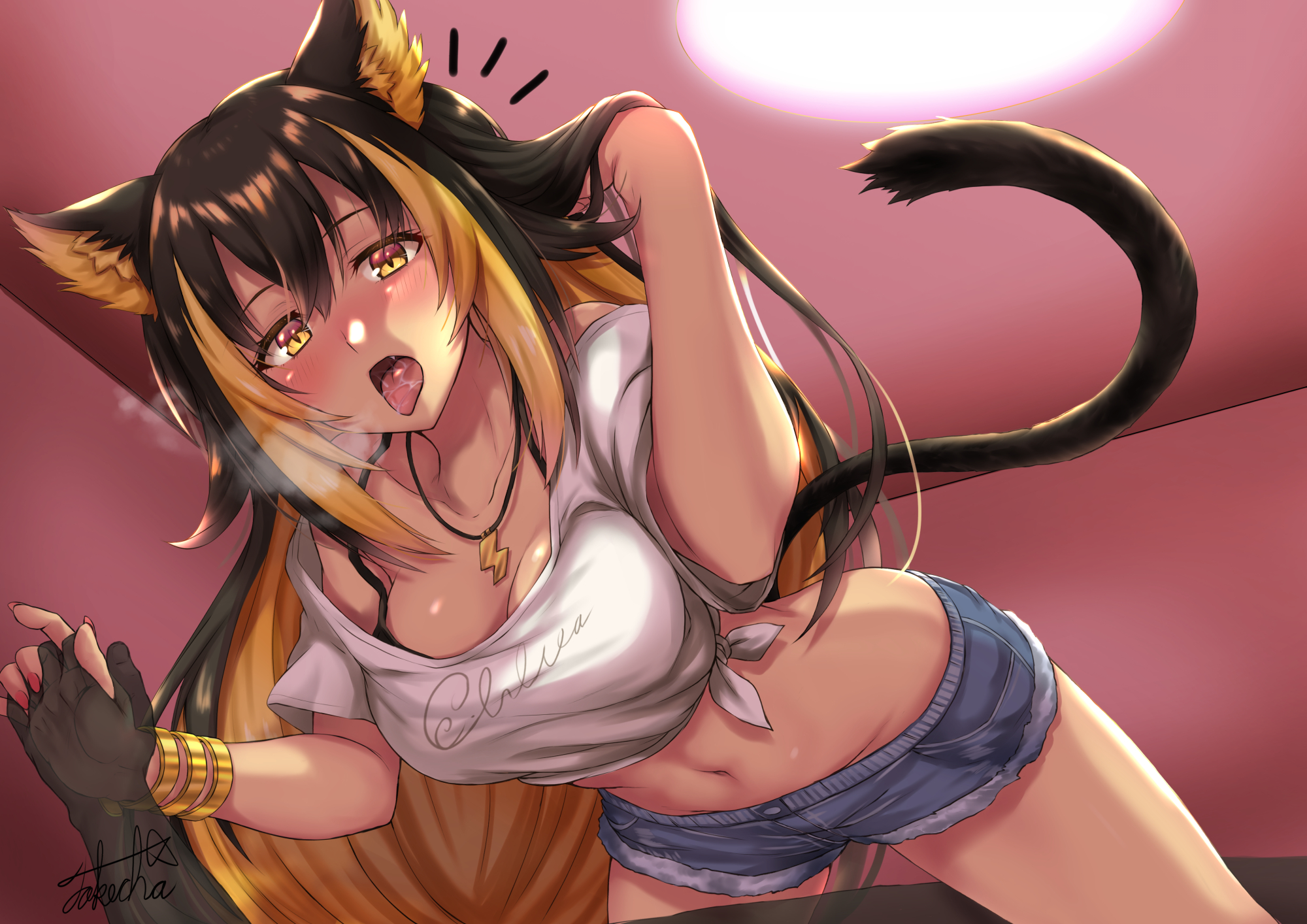 alternate version at source, animal ears, cat ears, cat girl, cat tail, catgirl, denim shorts, female, female focus, indie virtual youtuber, midriff, multicolored hair, nekoyo chloe, shorts, virtual youtuber