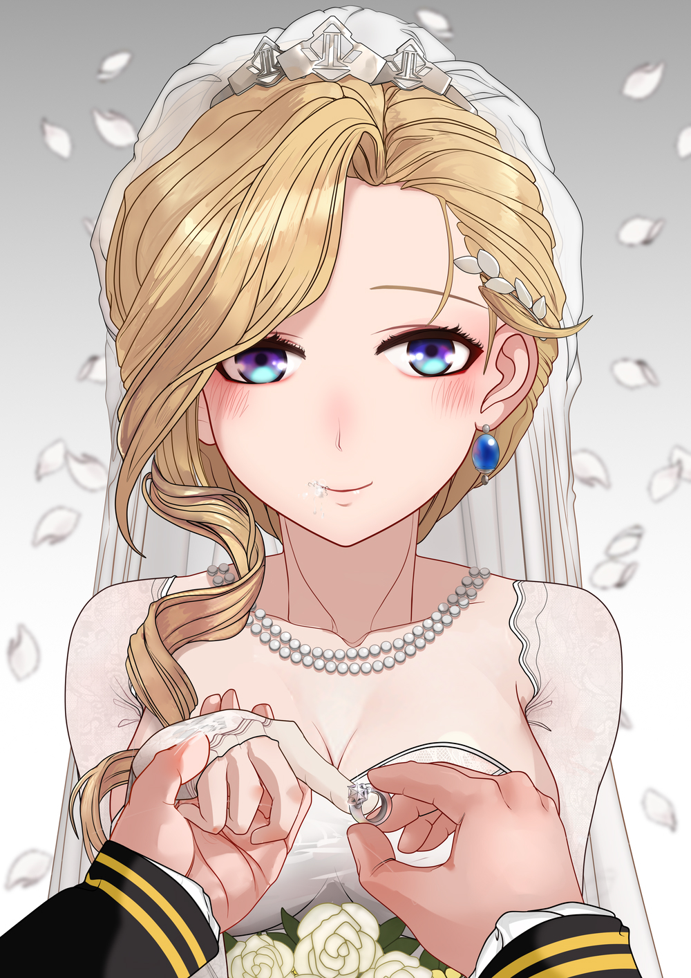 1boy 1girls after_fellatio after_oral after_sex azur_lane big_breasts blonde_hair blue_eyes blush breasts bridal_gauntlets bridal_veil cheating cheating_bride cheating_on_wedding_day cheating_wife cuckold cum cum_on_mouth earrings flower_petals hood_(azur_lane) jewelry laurel_crown marriage married married_couple married_woman necklace netorare ntr pale-skinned_female pale_skin pearl_necklace putting_on_wedding_ring safe sfw side_ponytail stray_pubic_hair suggestive suggestive_fluid tiara wedding wedding_band wedding_dress wedding_ring wedding_veil yomigaeru