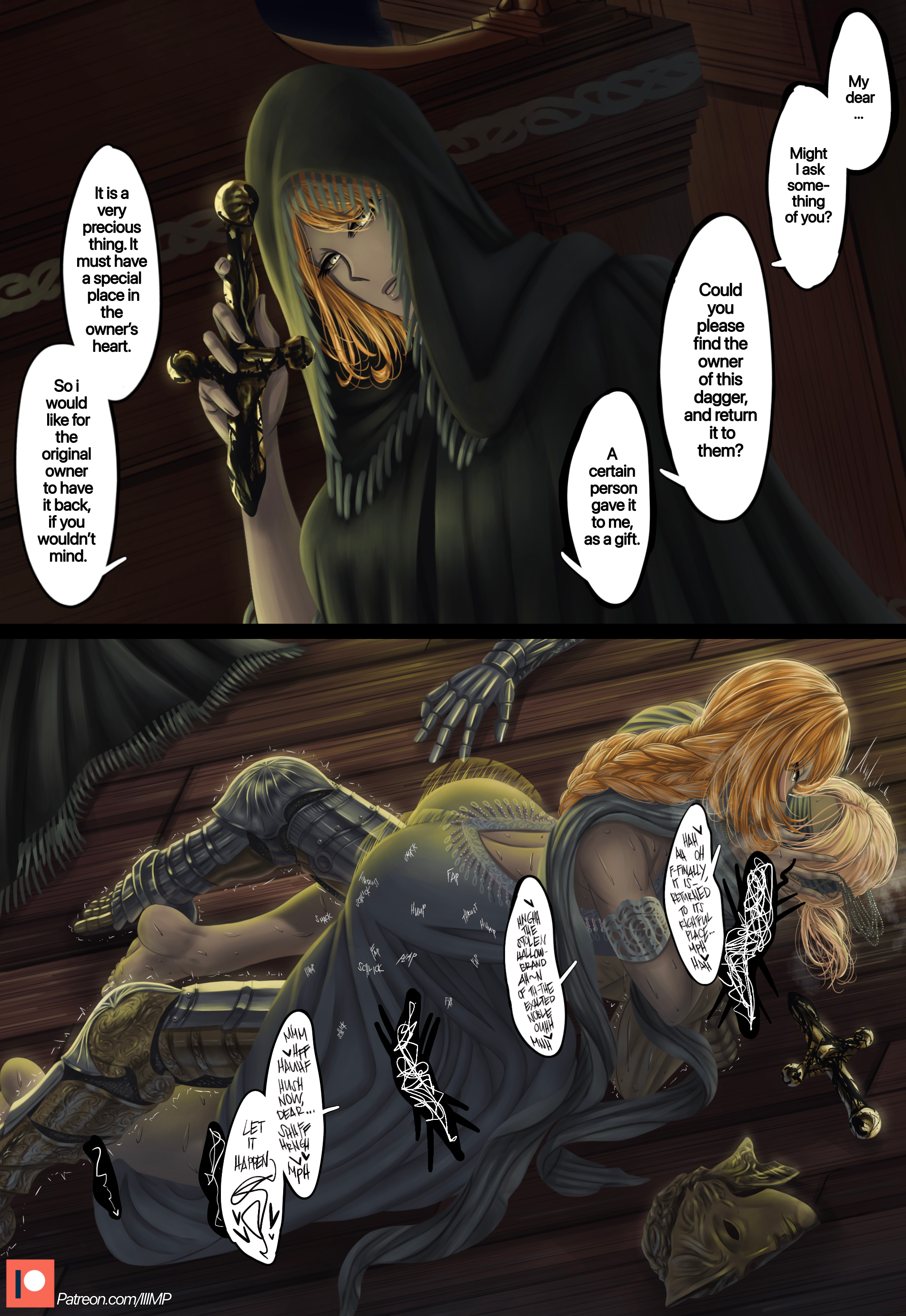 armor, armored boots, blindfold, blindfolded, blonde, blonde female, blonde hair, breathing, clothed, clothed sex, cowgirl position, d hunter of the dead, dialogue, elden ring, female, female on top, femdom, fia the deathbed companion, forced, forced kiss, fromsoftware, half naked, iiimp, instant loss 2koma, kiss, kissing, knife, on the floor, rape, resisting, restrained, ripped clothing, robe, shaking, shivering, speech bubble, sweating, sweating profusely, text