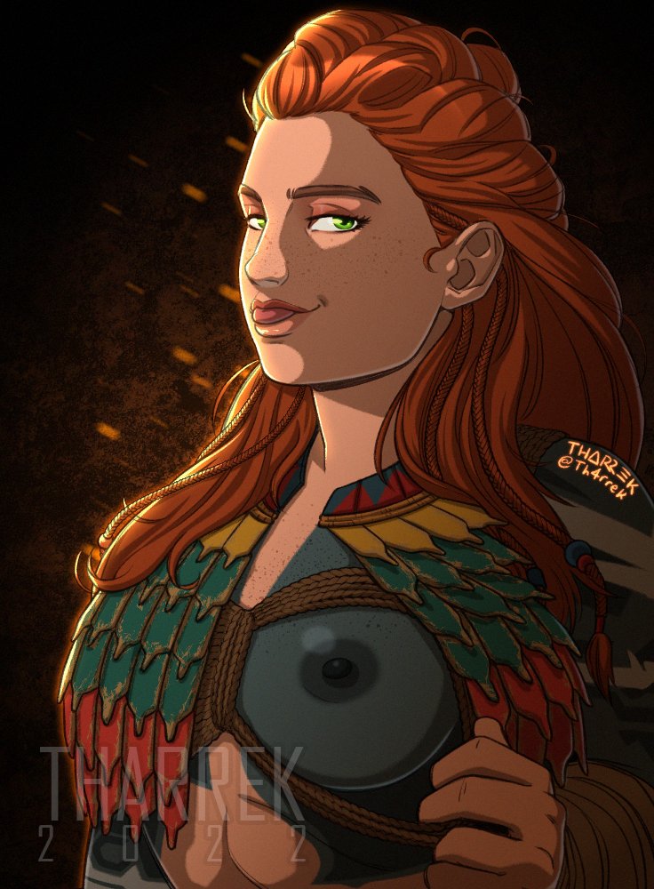 1girls 2d 2d_(artwork) aloy areolae body_paint breasts breasts_out female female_focus female_only flashing flashing_breasts freckles green_eyes horizon_forbidden_west horizon_zero_dawn light-skinned_female light_skin long_hair looking_at_viewer medium_breasts nipples official_alternate_costume playful red_hair solo solo_female solo_focus sony_interactive_entertainment tharrek tongue tongue_out