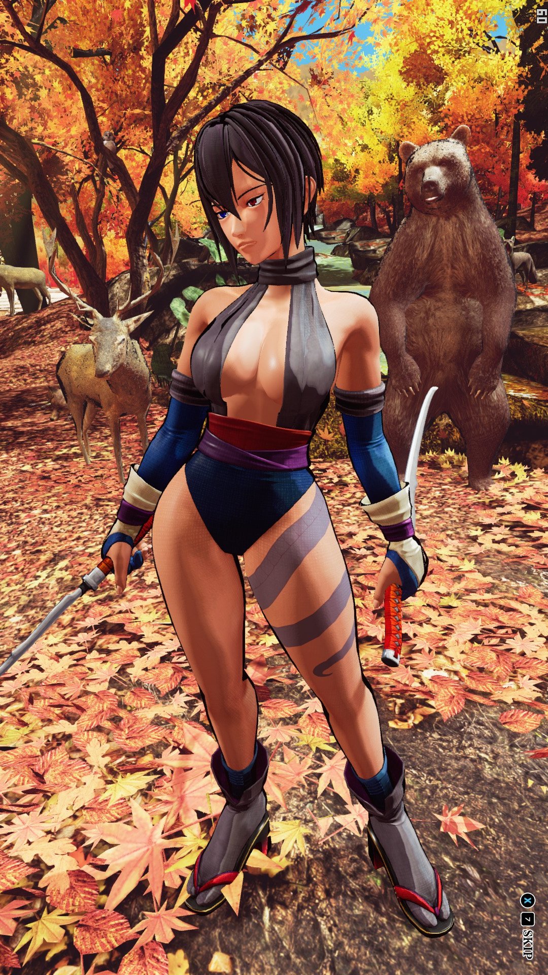 1girls 3d big_breasts black_hair blue_eyes breasts busty cleavage female female_only highres large_breasts leg_tattoo legs leotard red_eyes samurai_shodown shiki_(samurai_shodown) short_hair snk tattoo thighs weapon