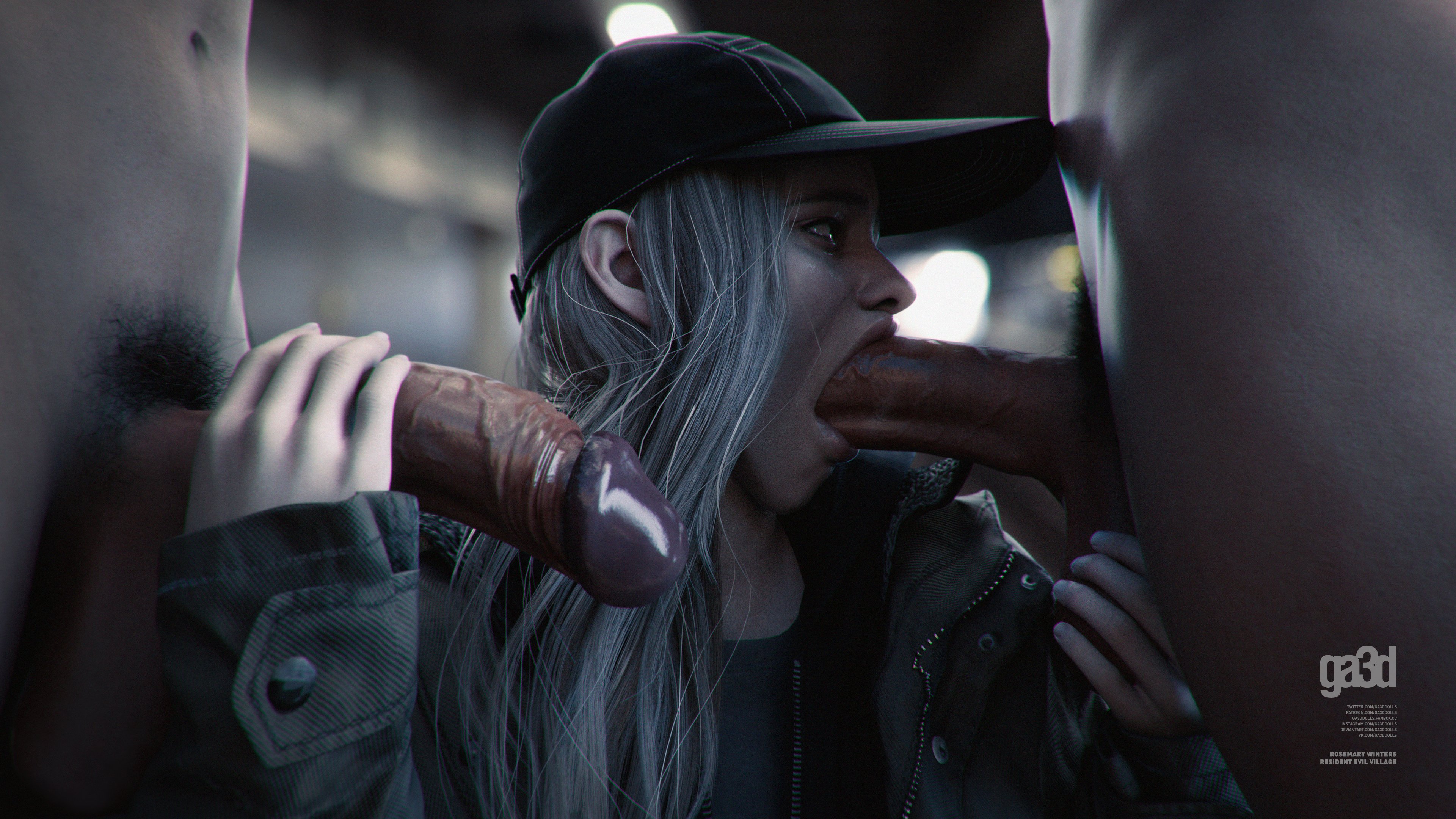 1girls, 2boys, 3d, 3d (artwork), balls, big penis, blonde hair, blowjob, cap, clothed female, clothed female nude male, coat, erection, faceless male, fellatio, female, ga3ddolls, hand on penis, handjob while sucking, holding penis, long hair, looking at partner, male, nude, nude male, oral, oral sex, penis, resident evil, resident evil 8: village, rosemary winters, touching balls